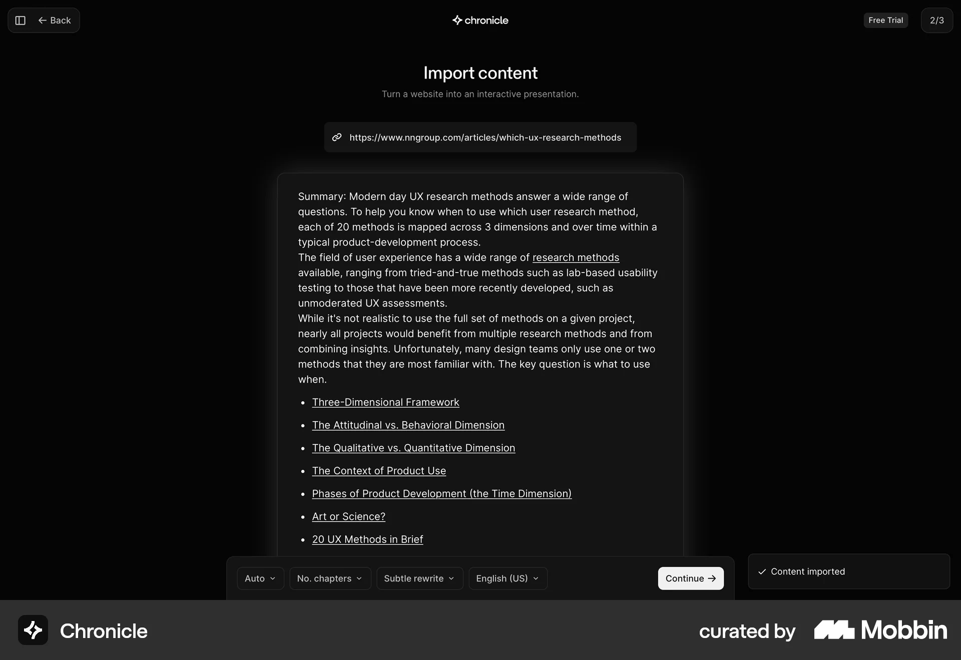 Chronicle Web Import & Export screen