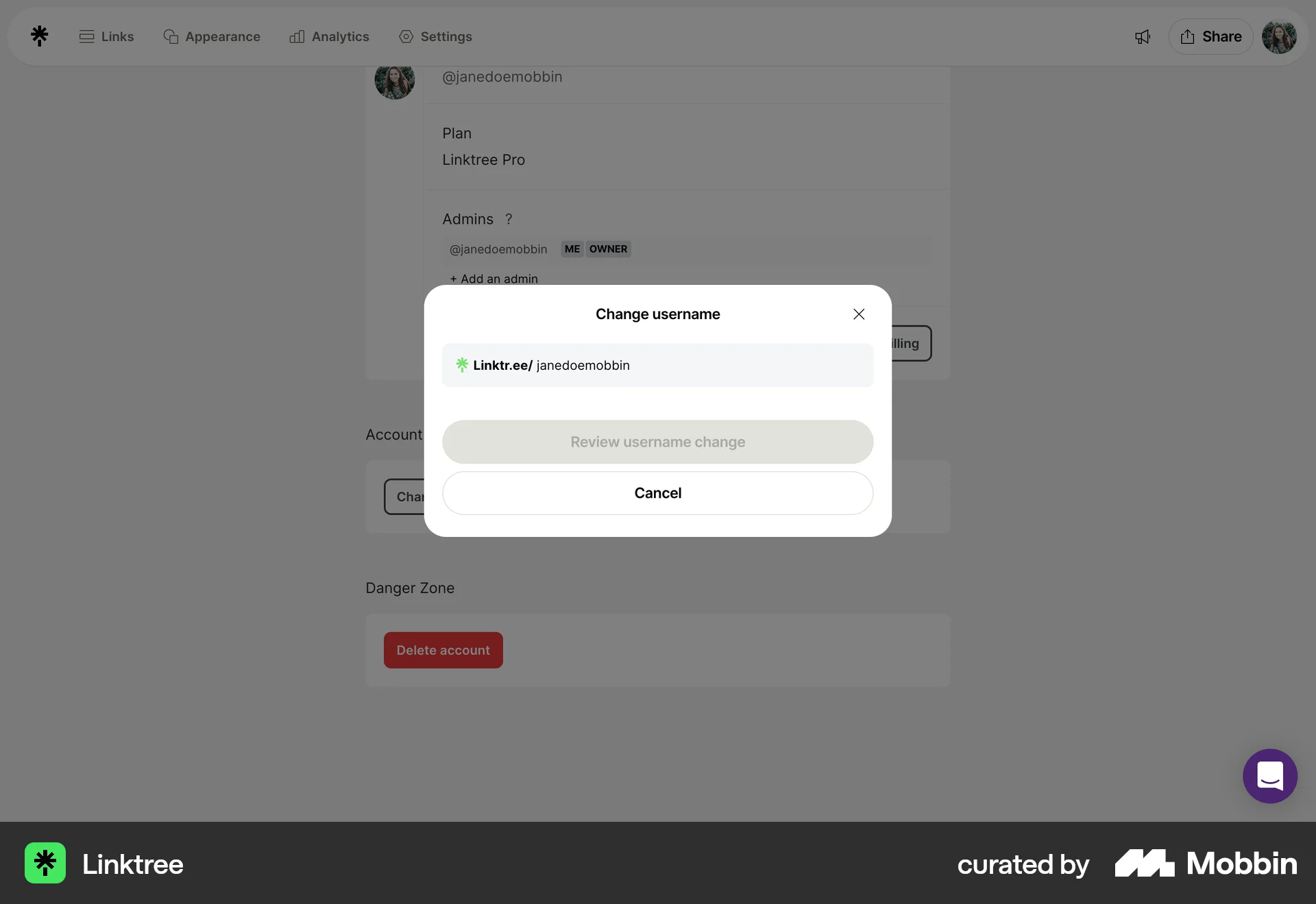 Linktree Web screen containing Editable Text UI element