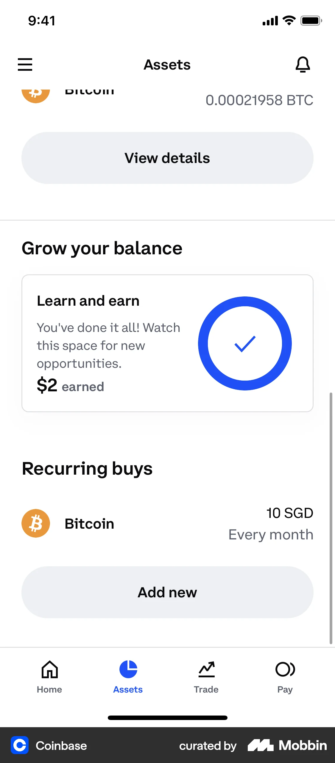 Coinbase iOS Other Content screen
