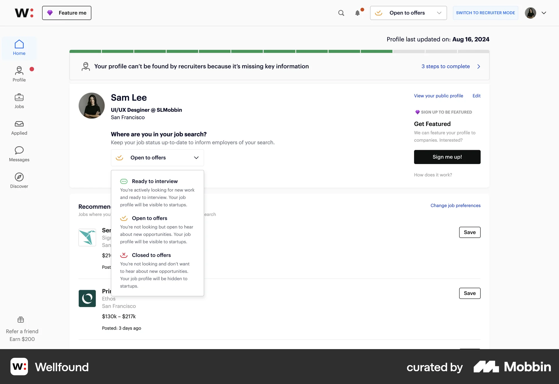 Wellfound Web Set screen