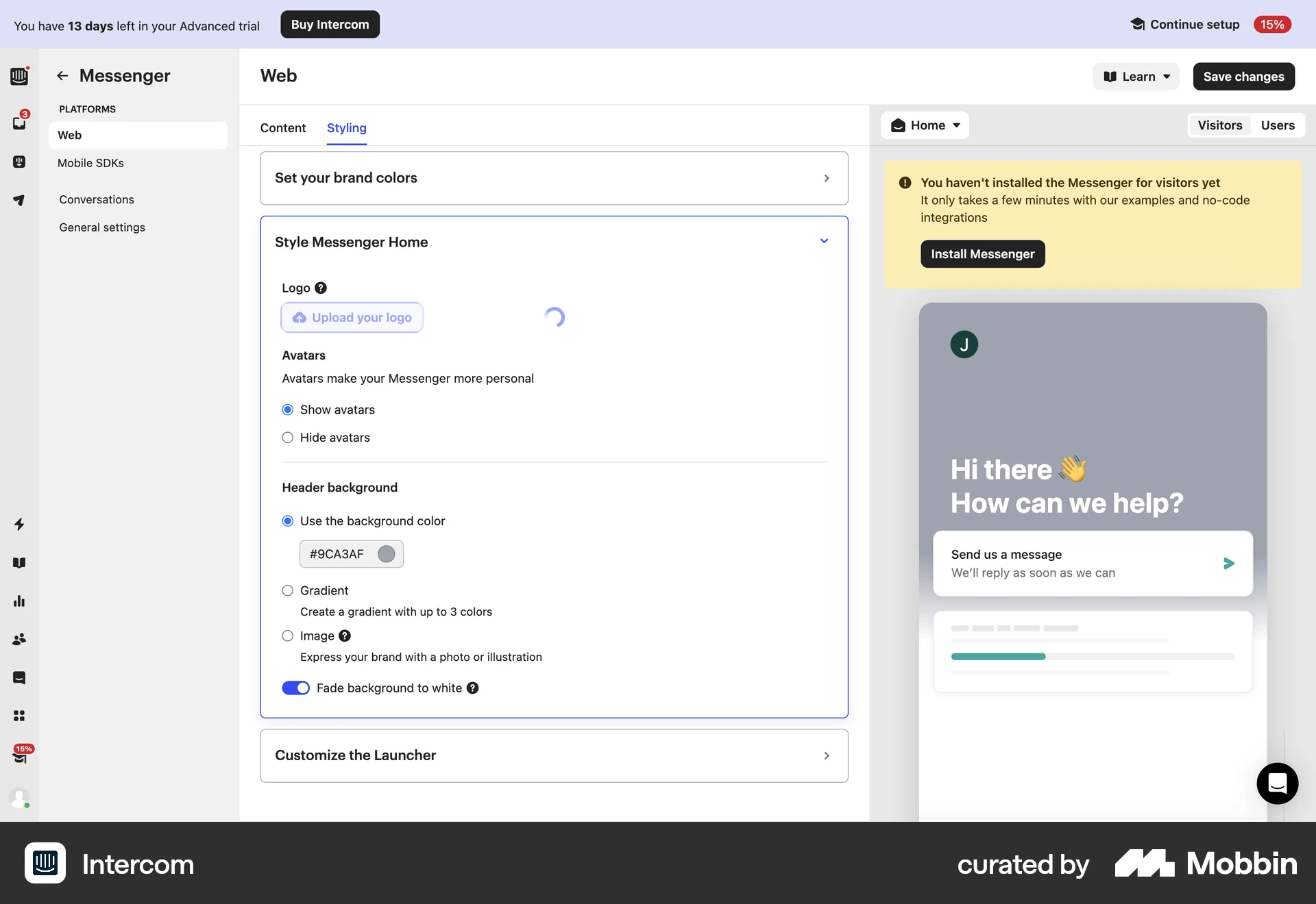 Intercom Web Upload & Download screen