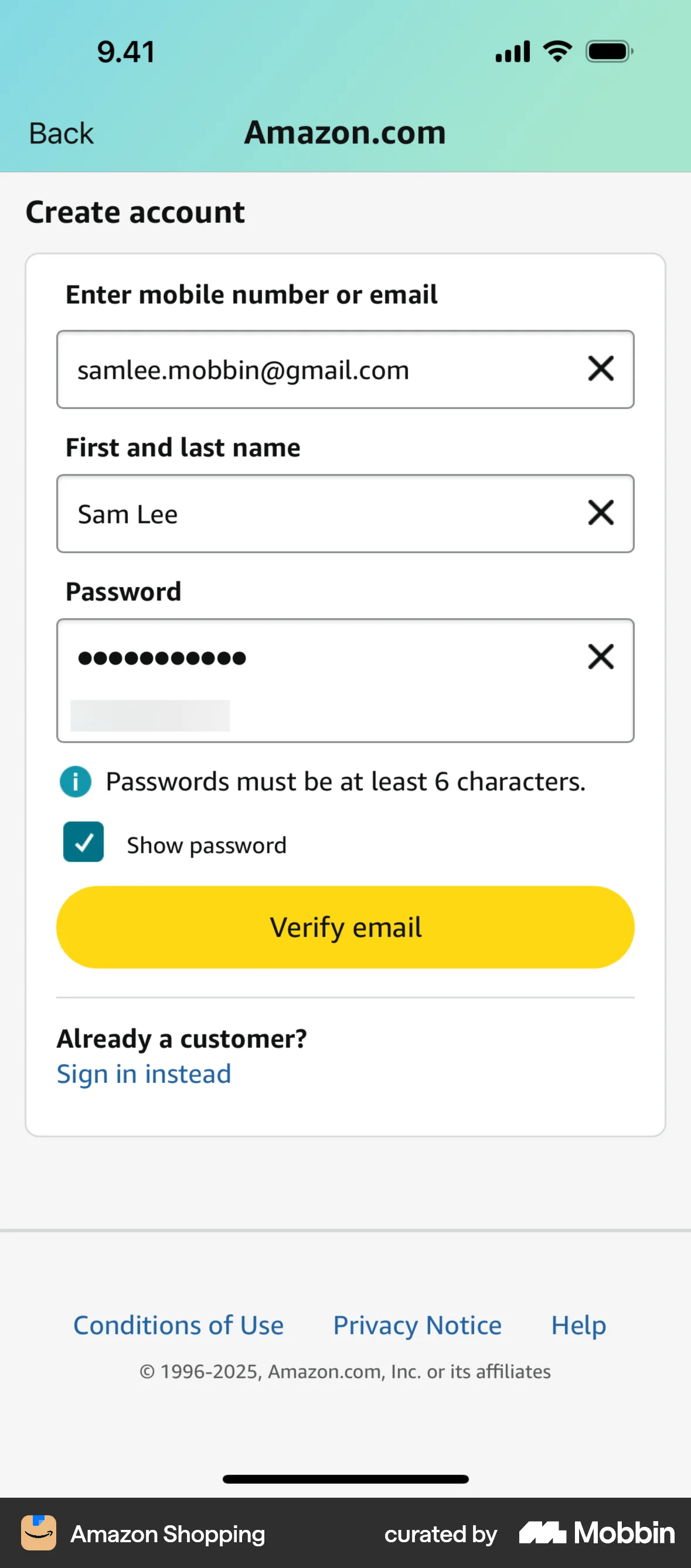 Amazon Shopping iOS screen containing Text Field UI element