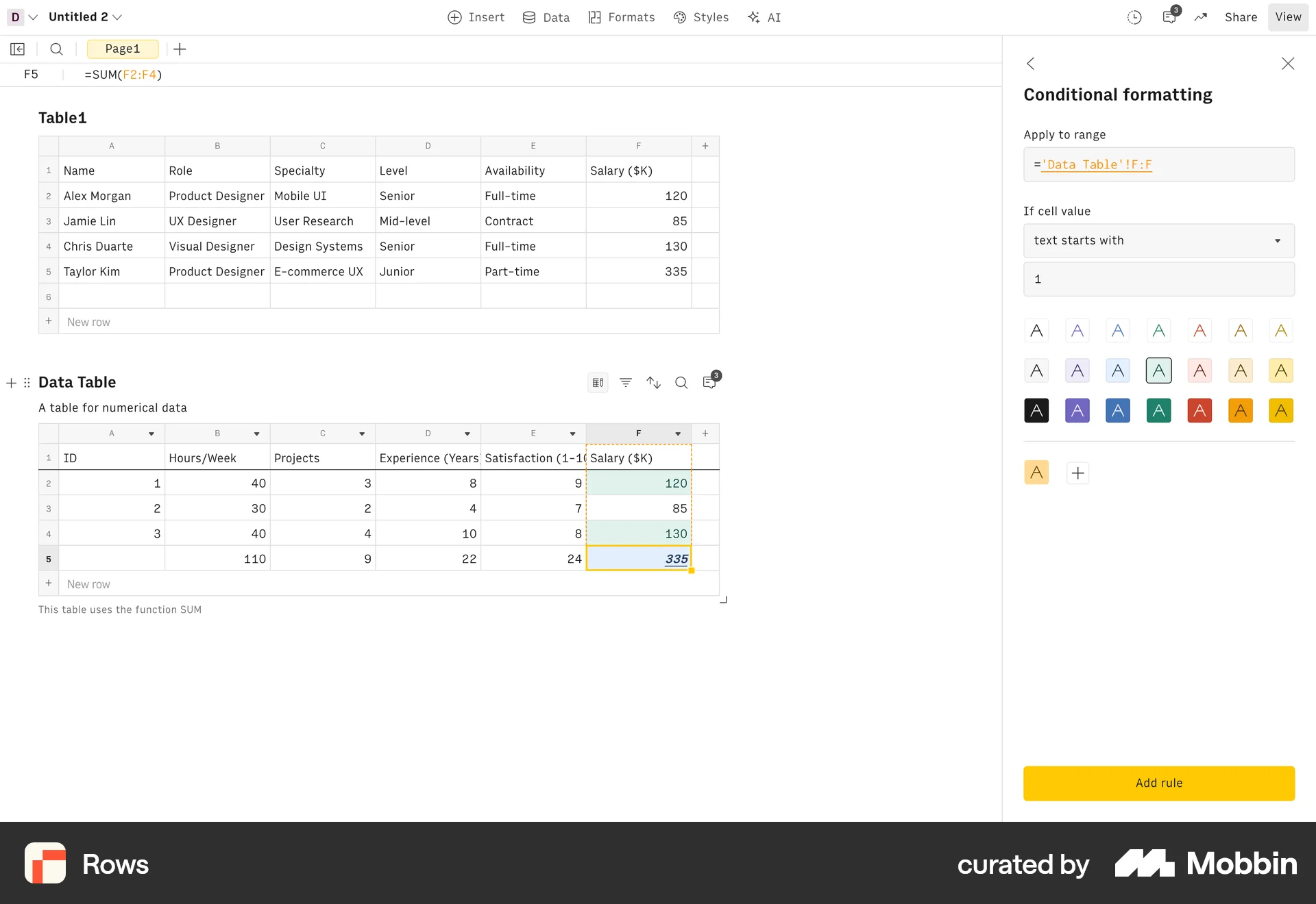 Rows Web screen containing Tile UI element