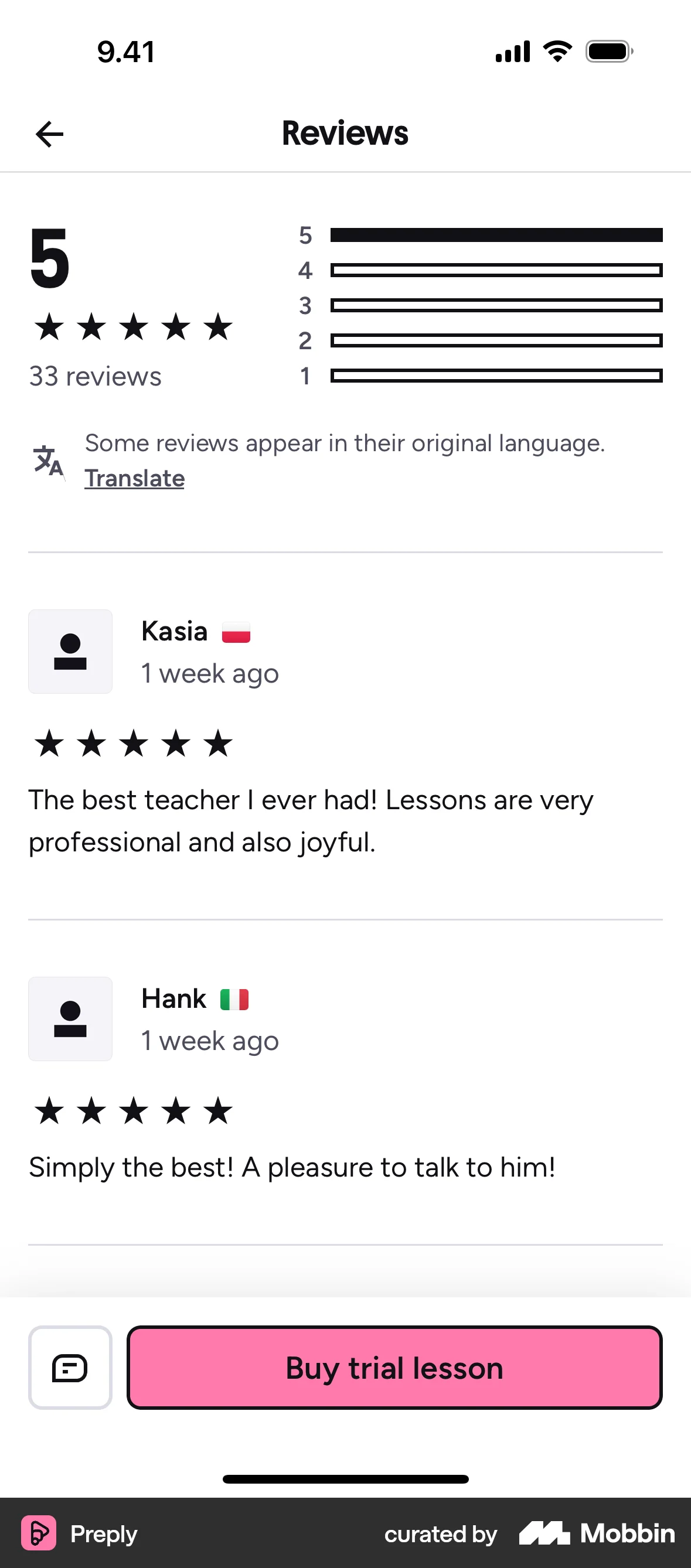 Preply iOS Reviews & Ratings screen