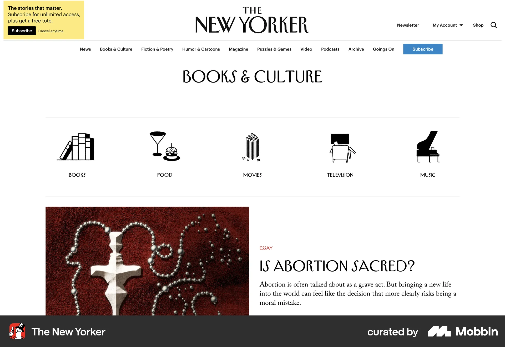 The New Yorker Web News Feed screen