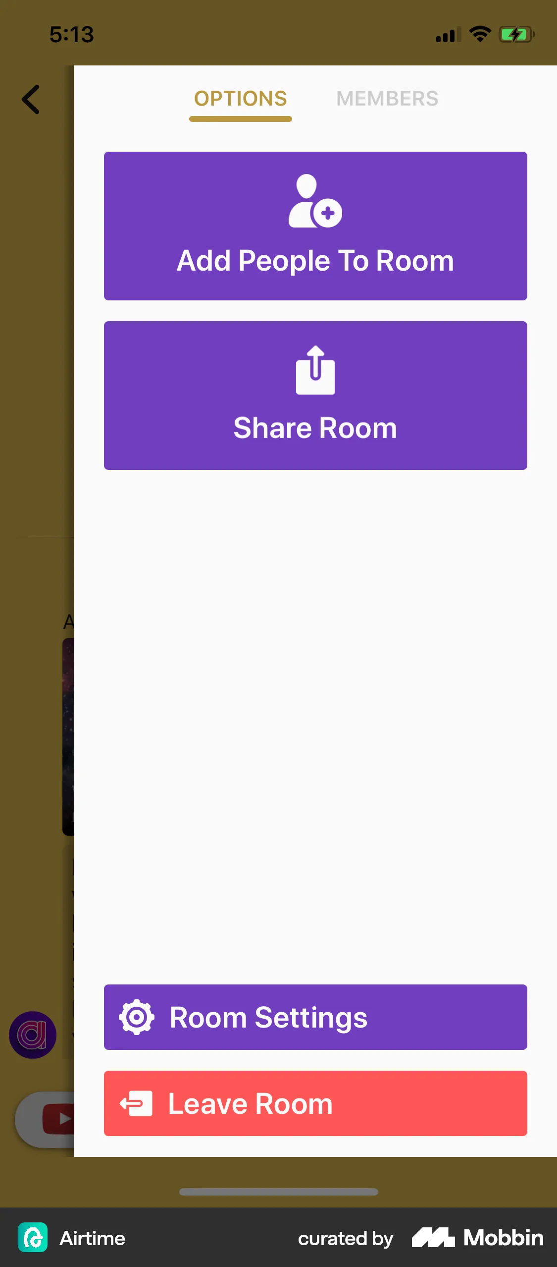 Airtime iOS screen containing Drawer UI element