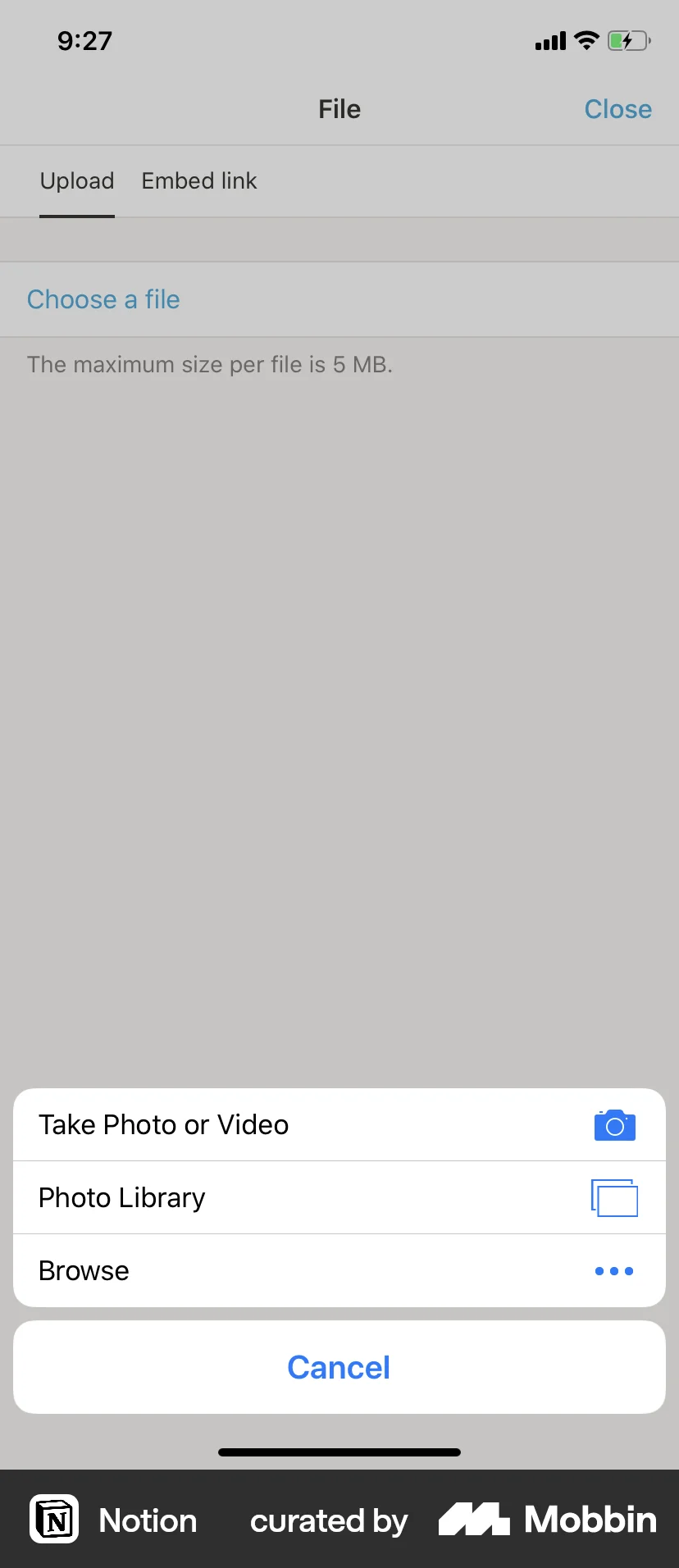 Notion iOS screen containing Action Sheet UI element
