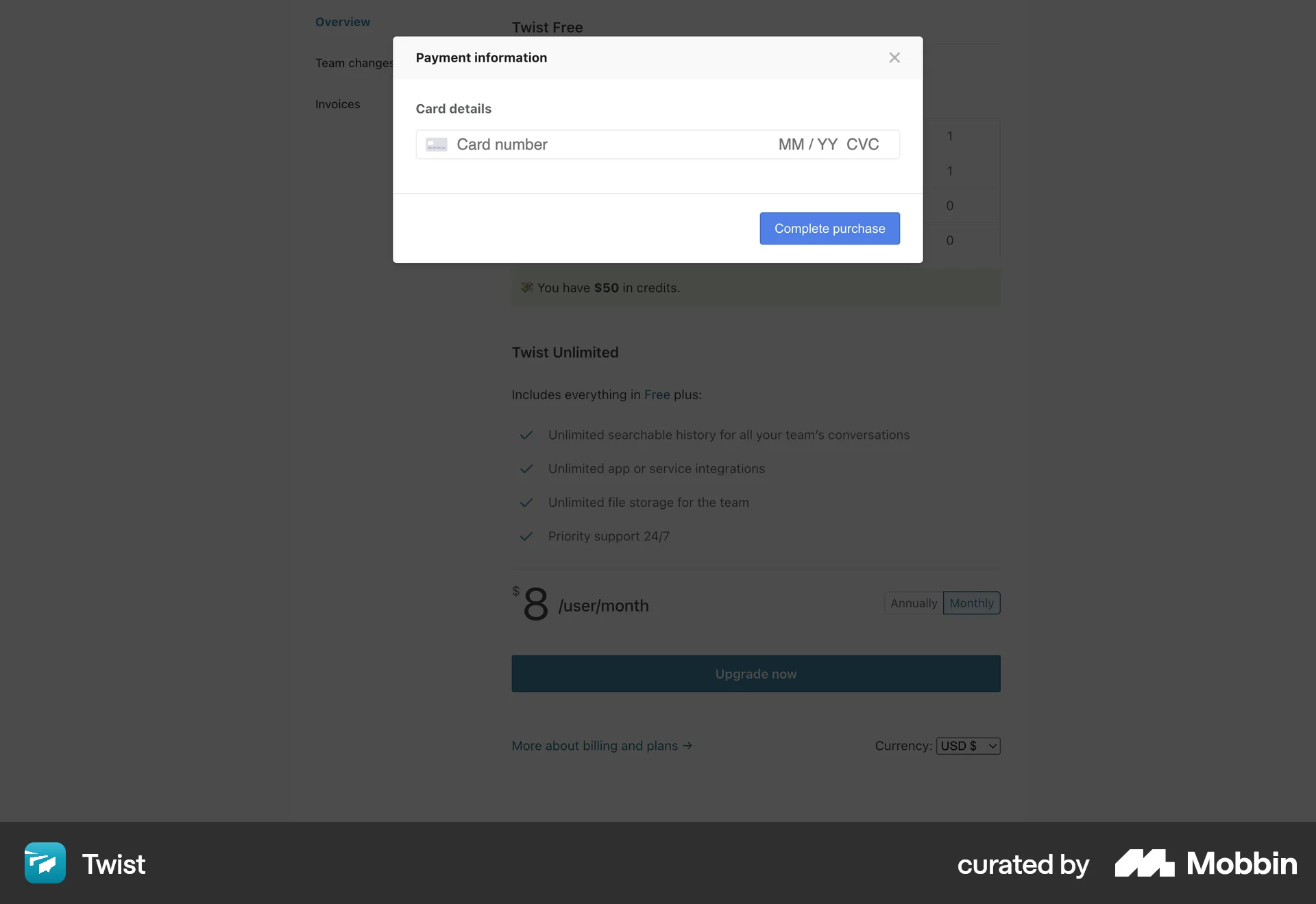 Twist Web Payment Method screen