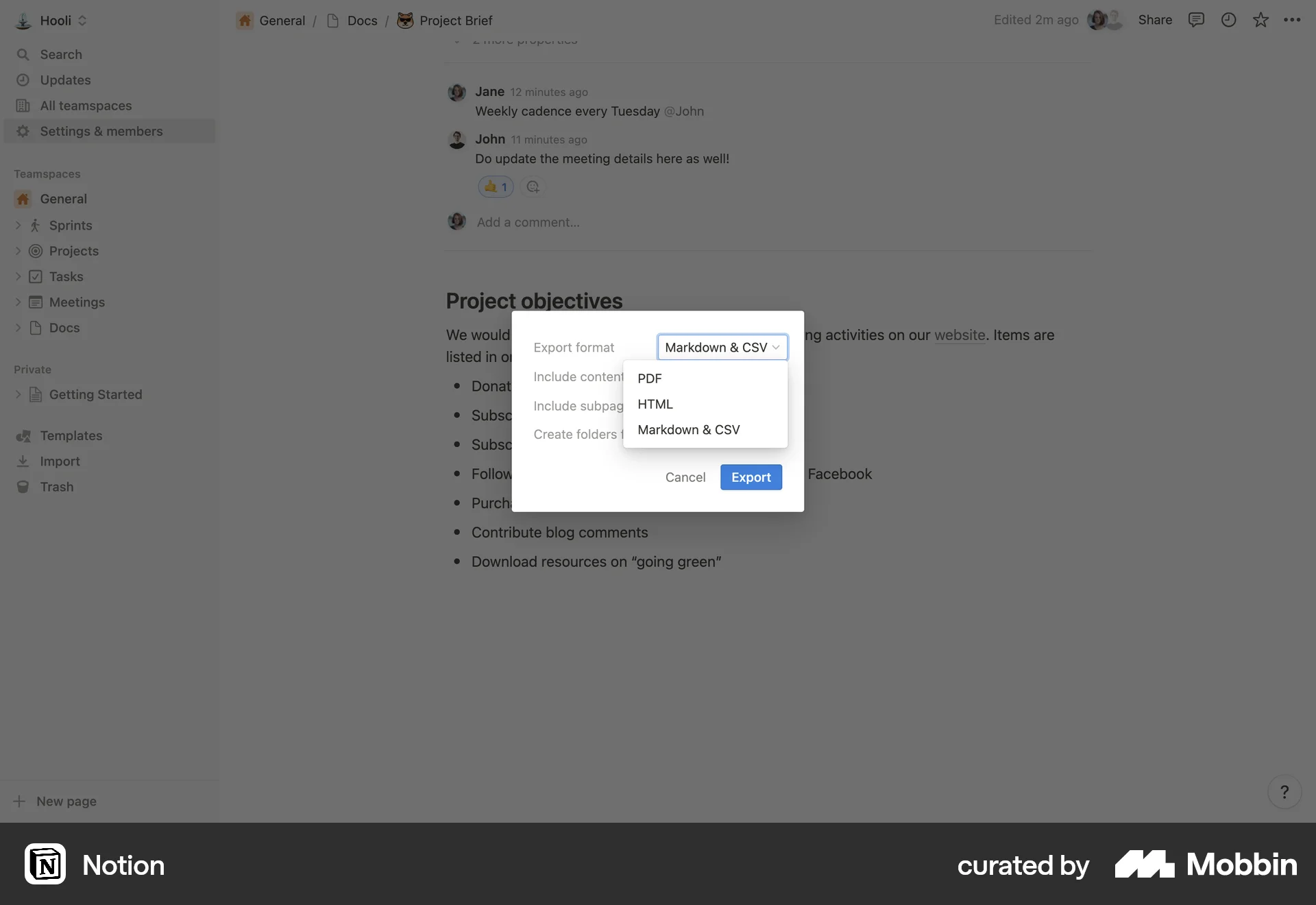 Notion Web Import & Export screen