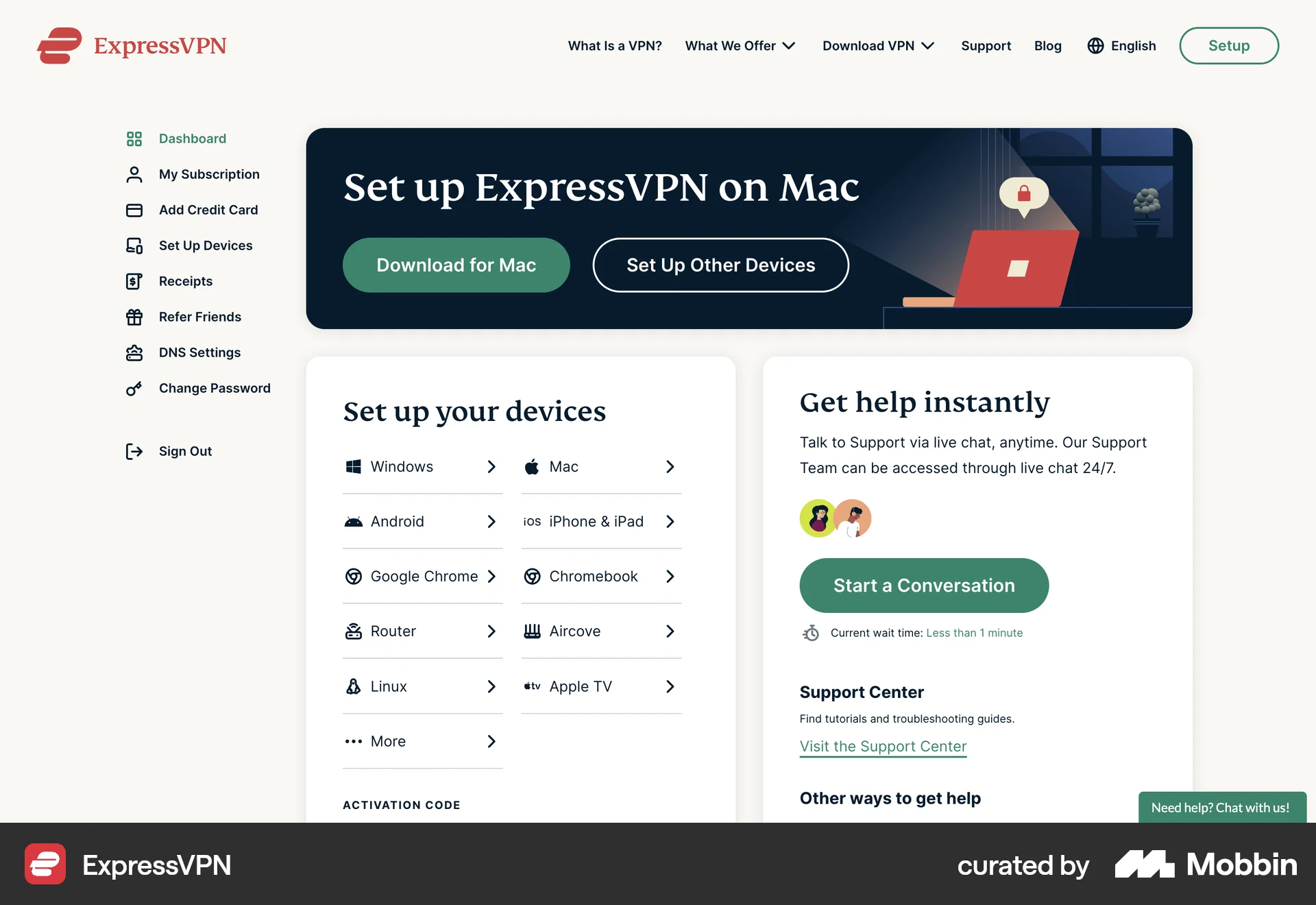 ExpressVPN Web screen containing Side Navigation UI element