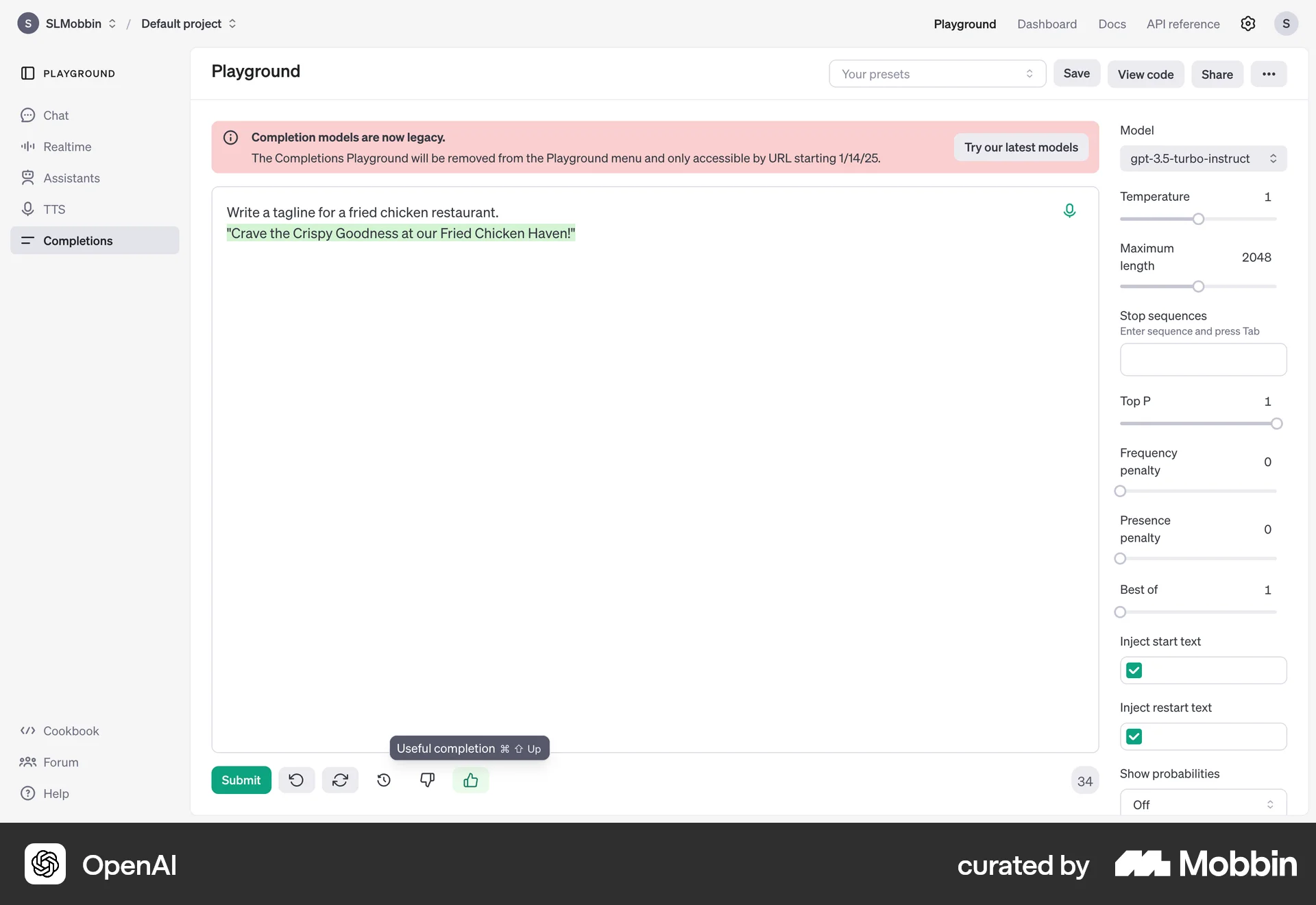 OpenAI Platform Web screen containing Tooltip UI element