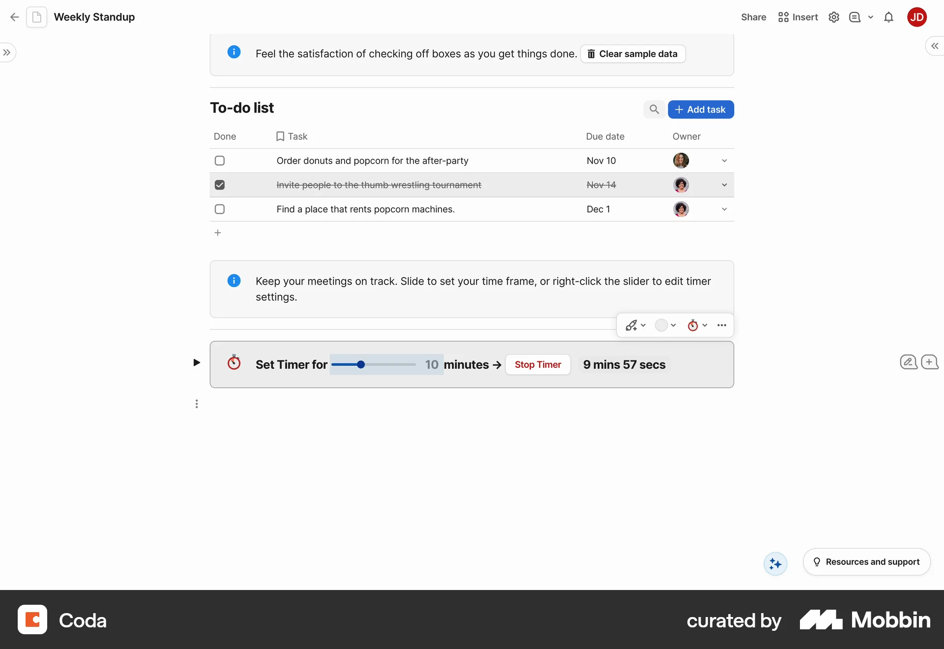Coda Web Goal & Task screen