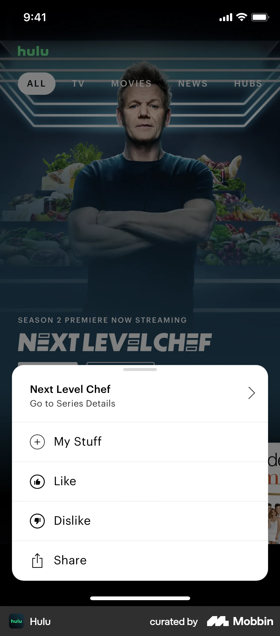 Hulu iOS screen containing Action Sheet UI element