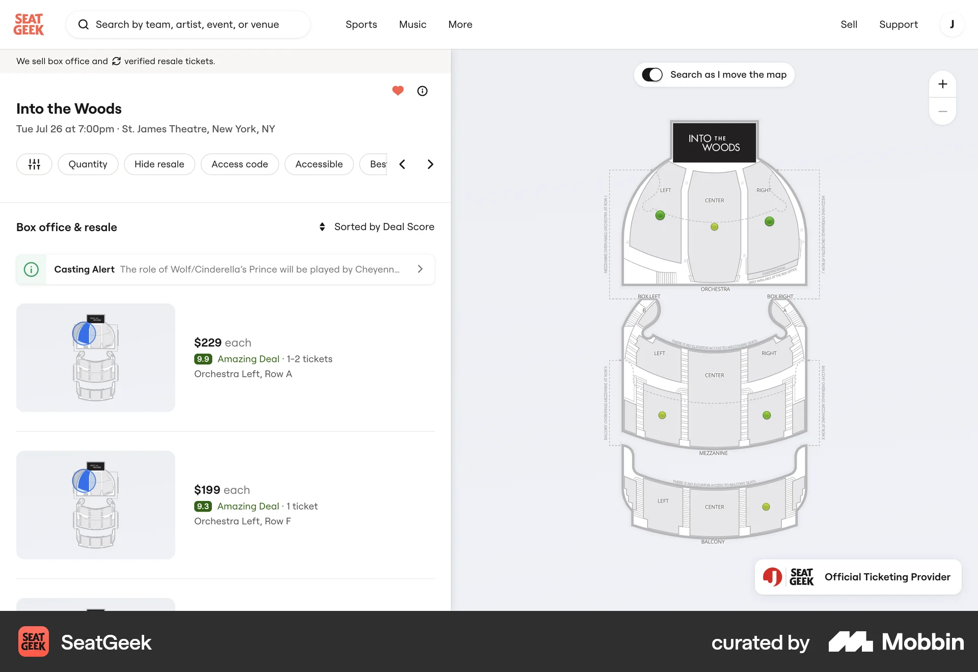 SeatGeek Web Favorite & Pin screen