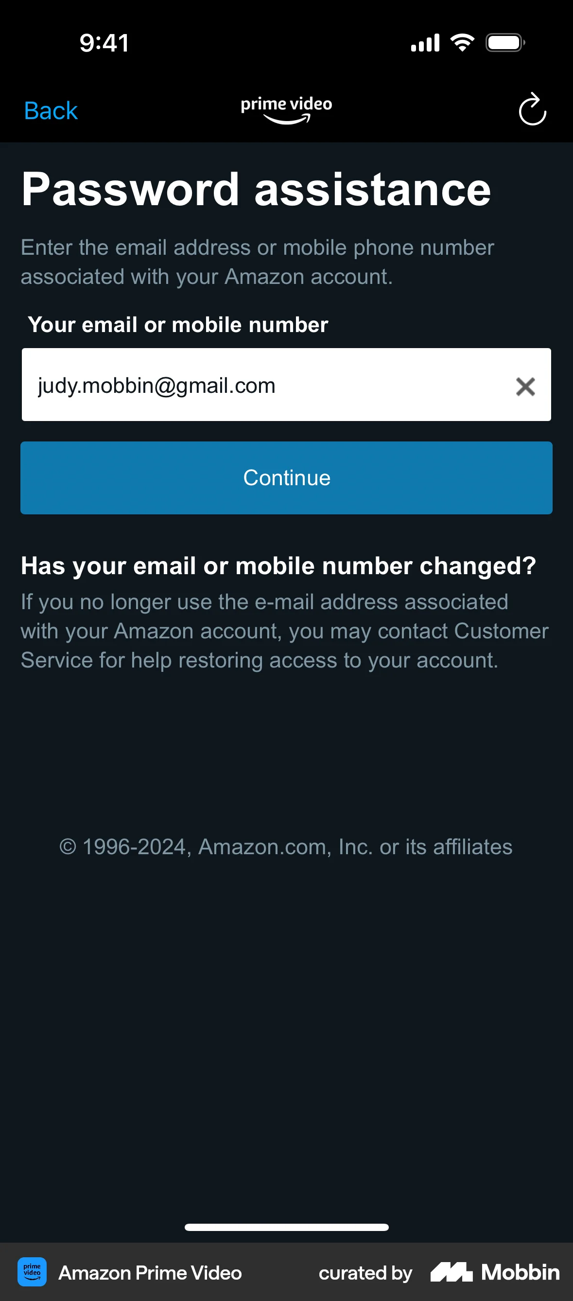 Prime Video iOS Forgot Password screen