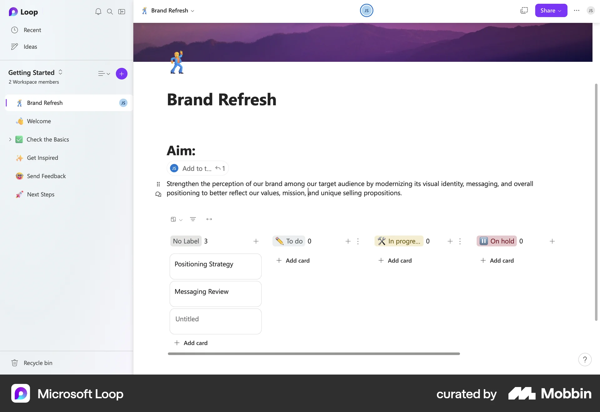 Microsoft Loop Web Kanban Board screen