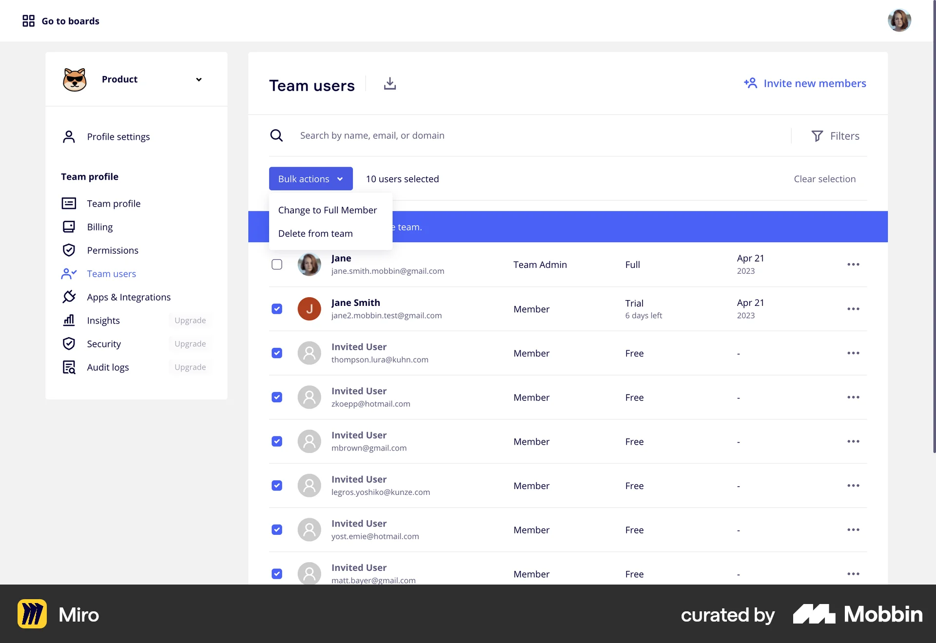 Miro Web Action Option screen
