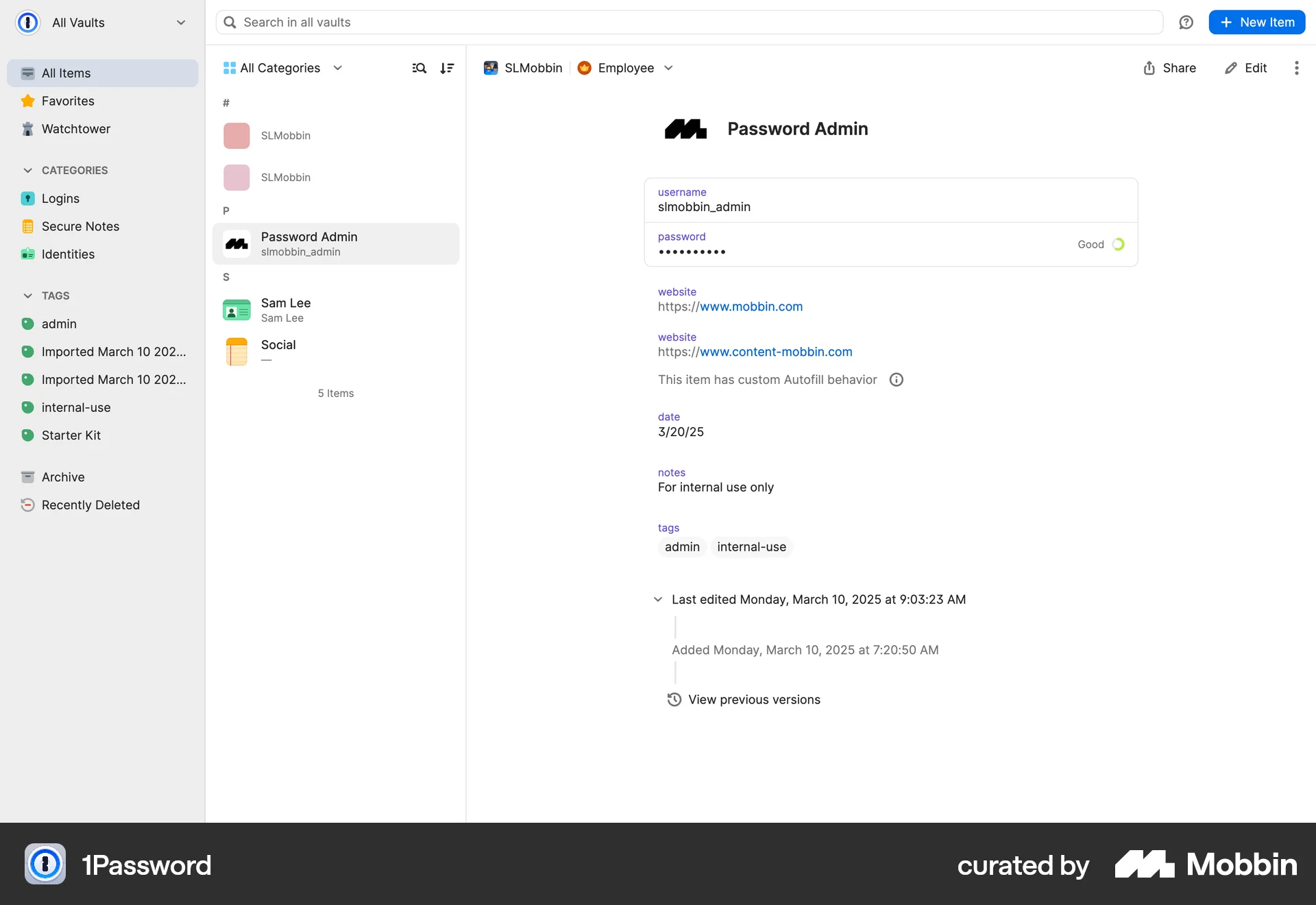 1Password Web screen containing Breadcrumbs UI element