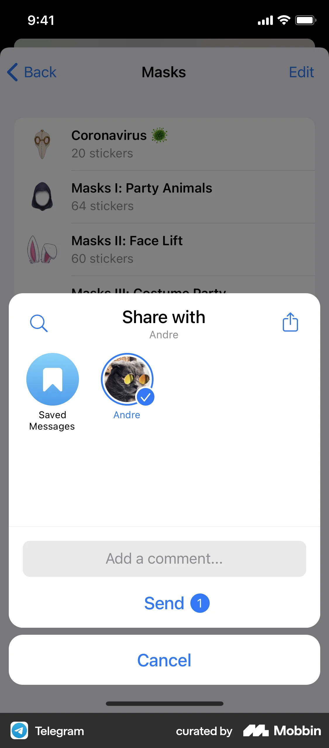 Telegram iOS screen containing Action Sheet UI element