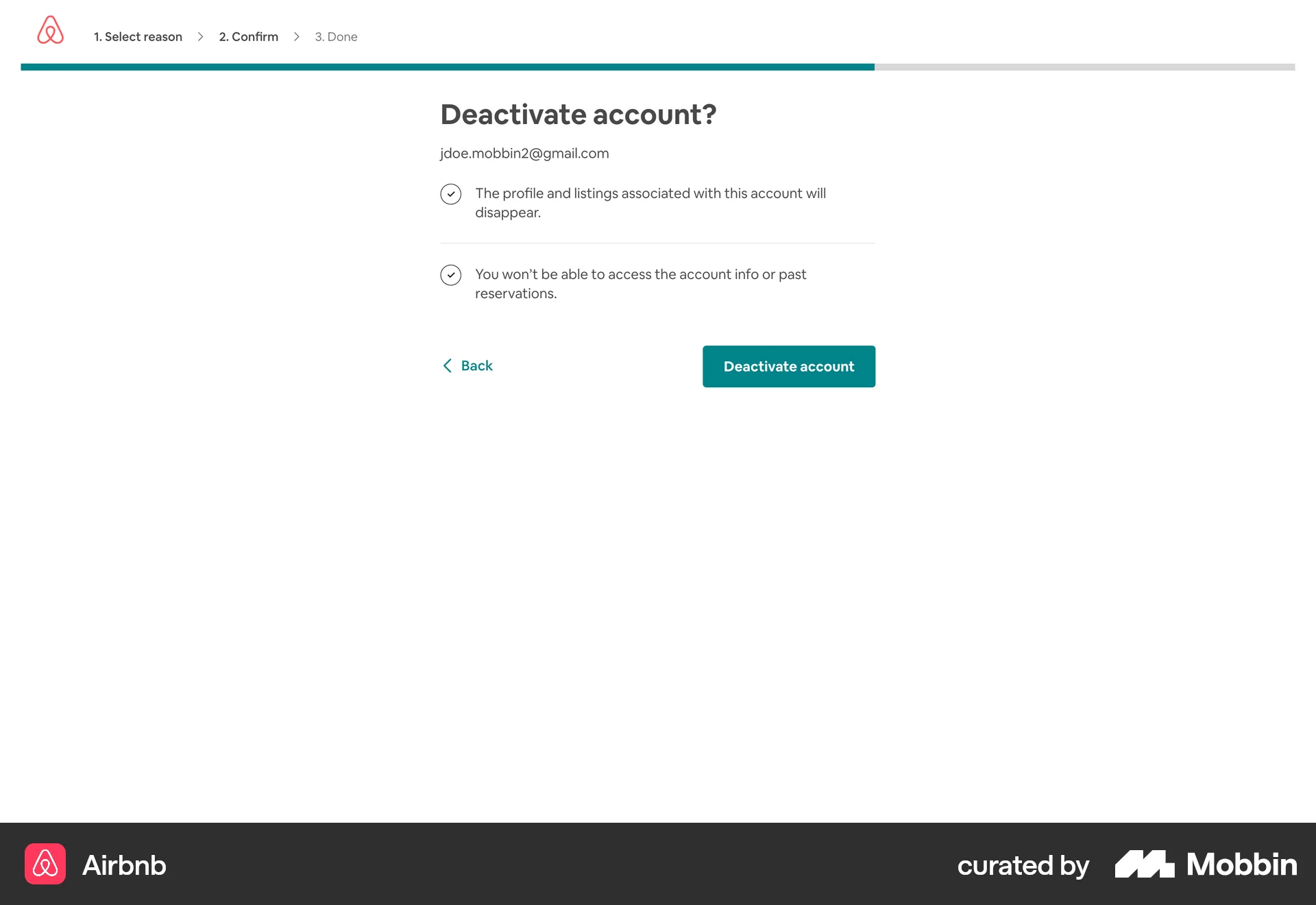 Airbnb Web Delete & Deactivate Account screen