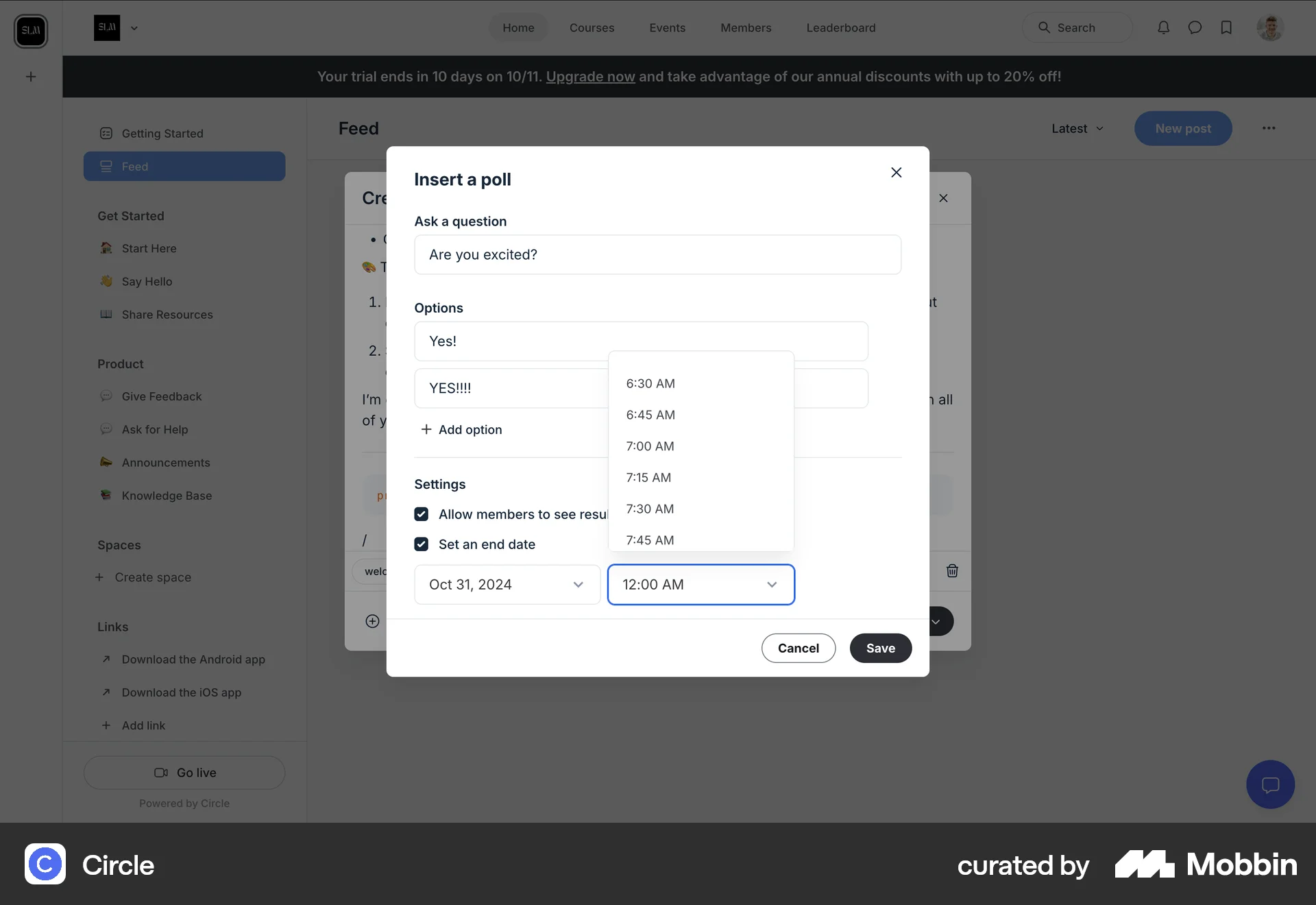 Circle Web screen containing Time Picker UI element