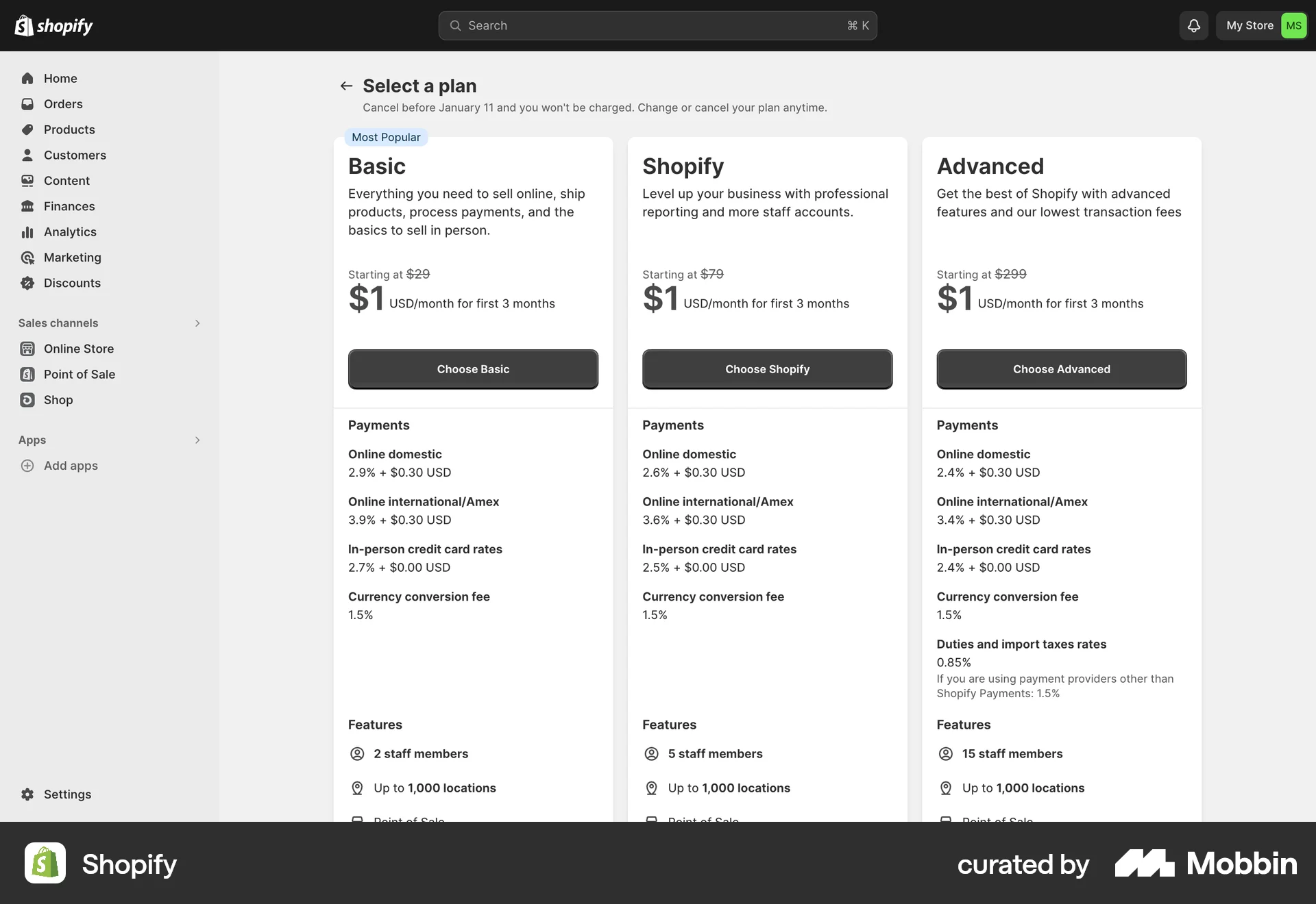 Shopify Web Pricing screen