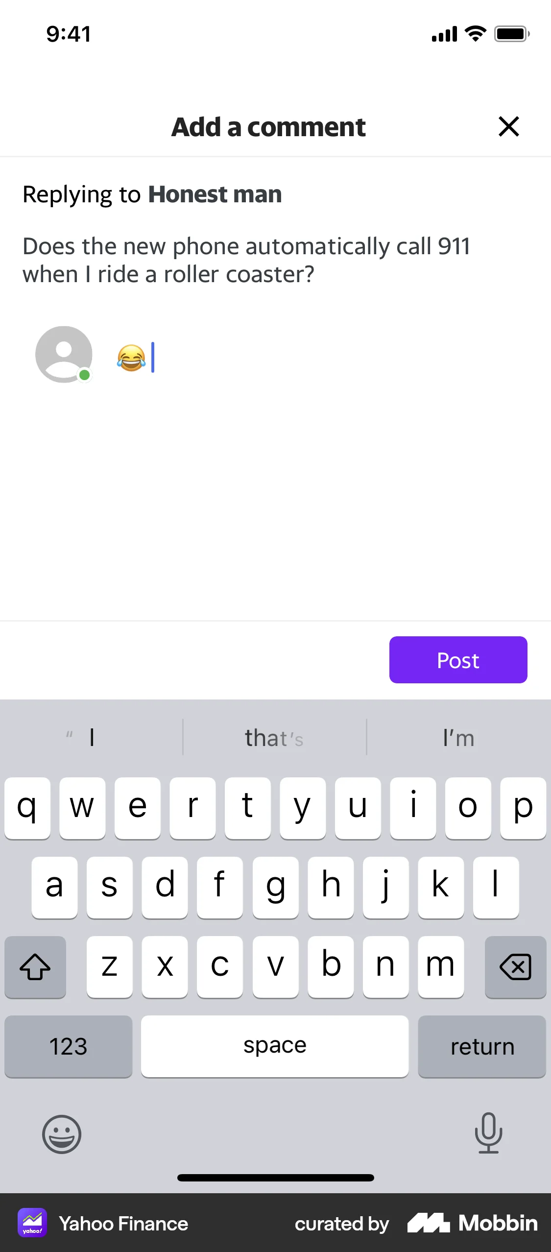 Yahoo Finance iOS Comments screen