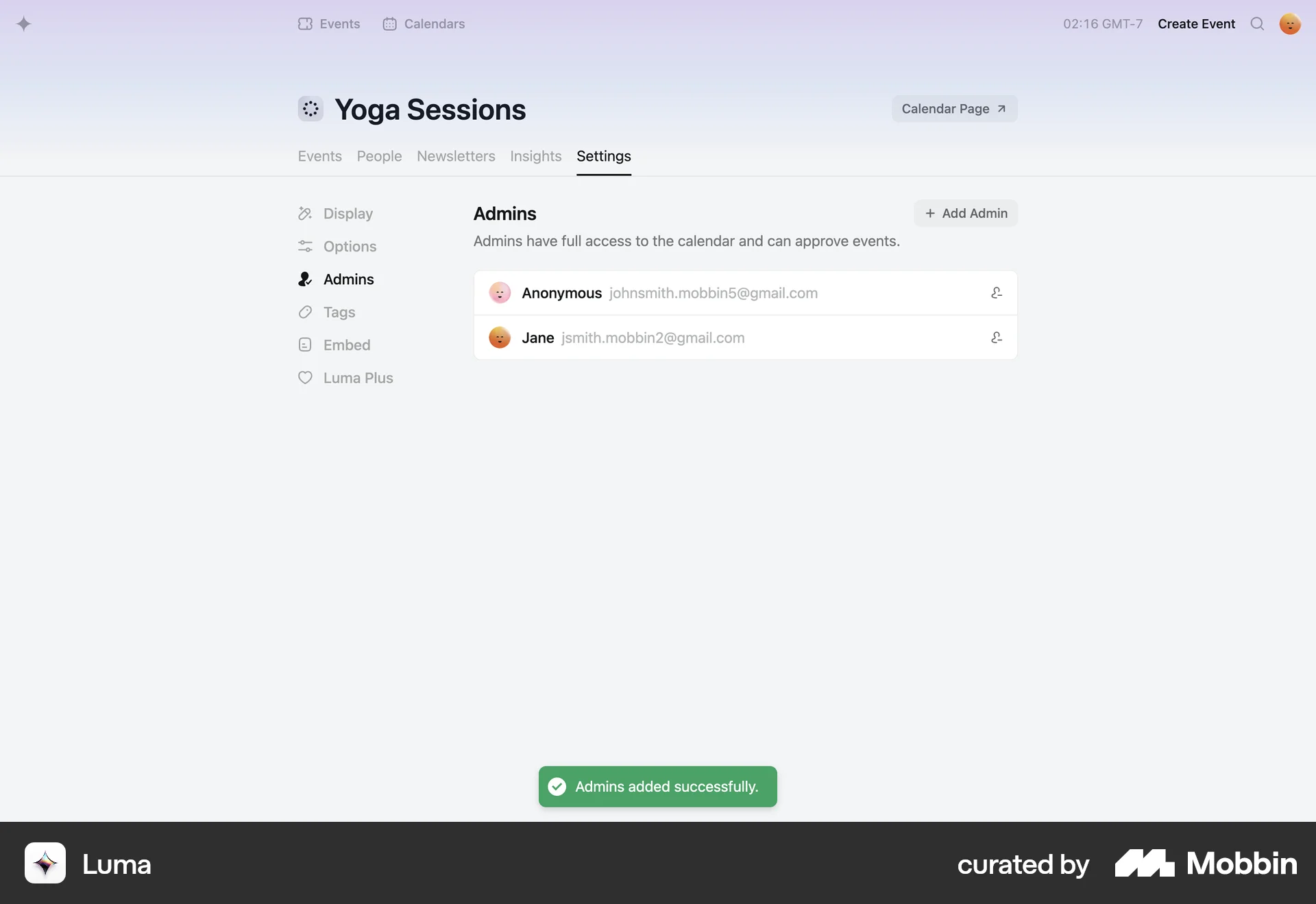 Luma Web Admin UI screen