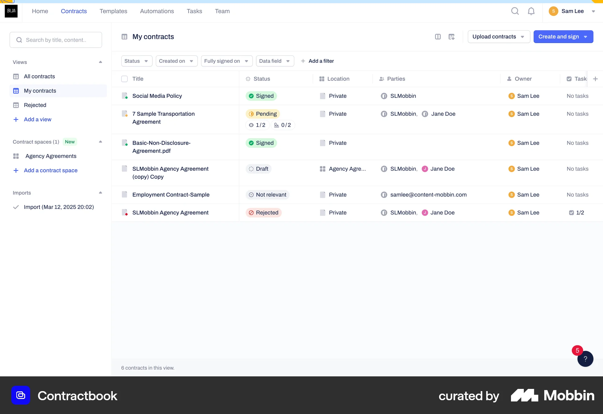 Contractbook Web screen containing Table UI element