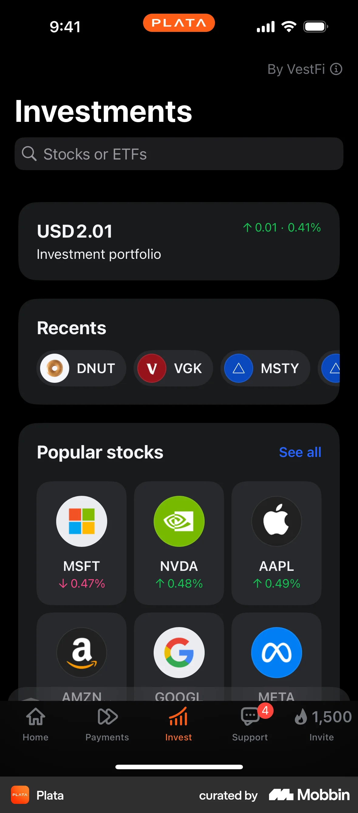 Plata Card iOS Dark Mode screen
