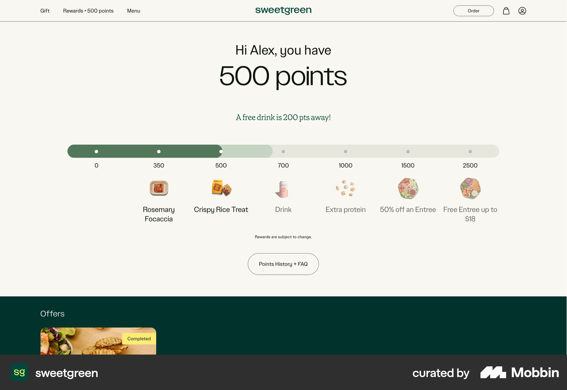 sweetgreen Web Promotions & Rewards screen