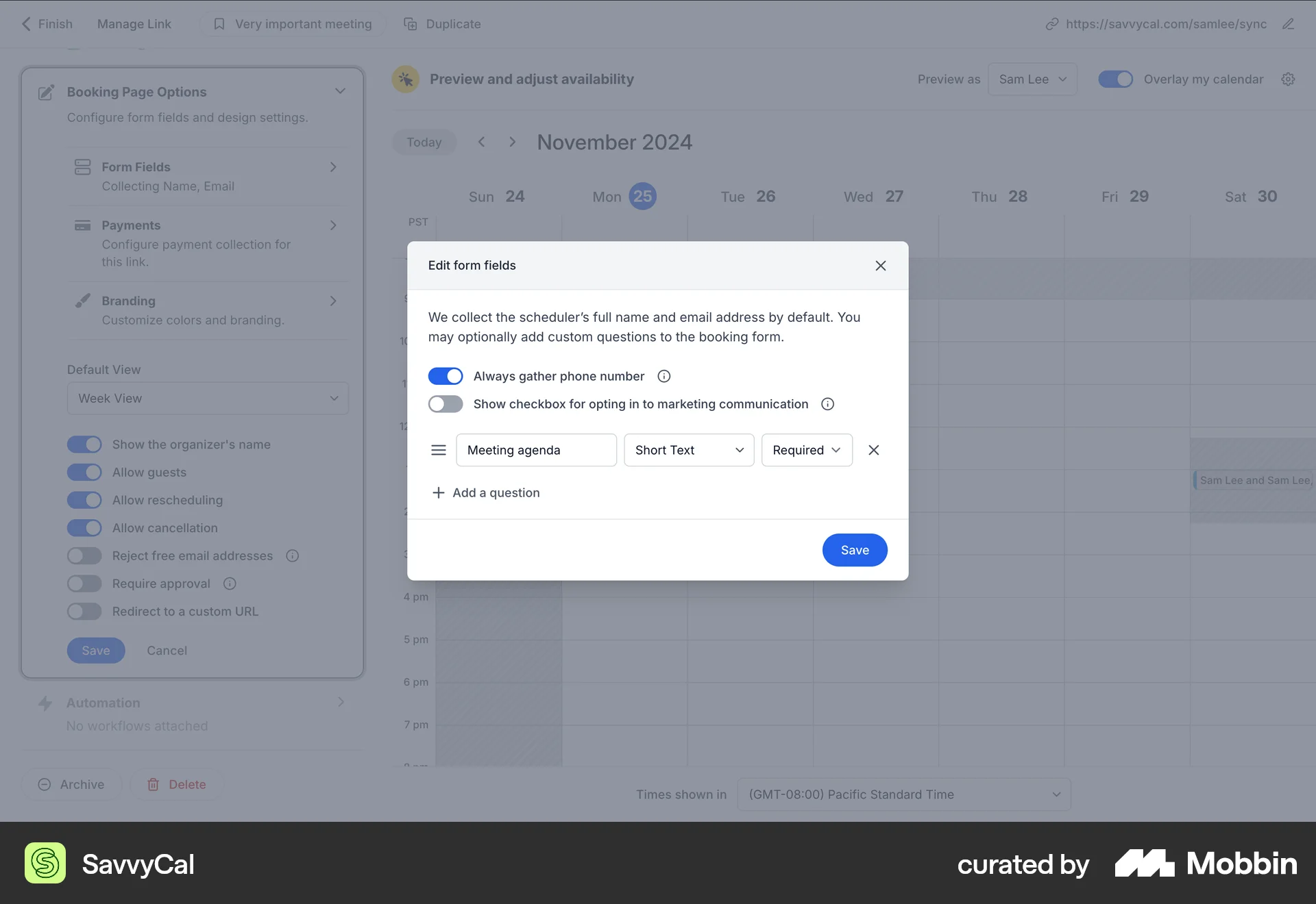 SavvyCal Web screen containing Text Field UI element