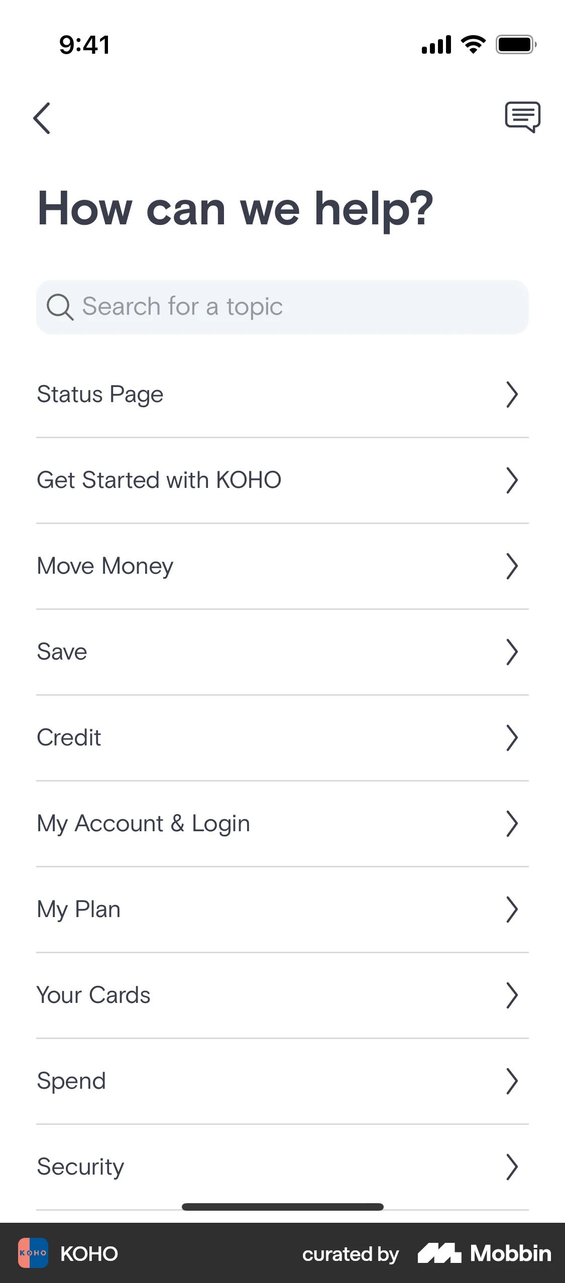 KOHO iOS Help & Support screen