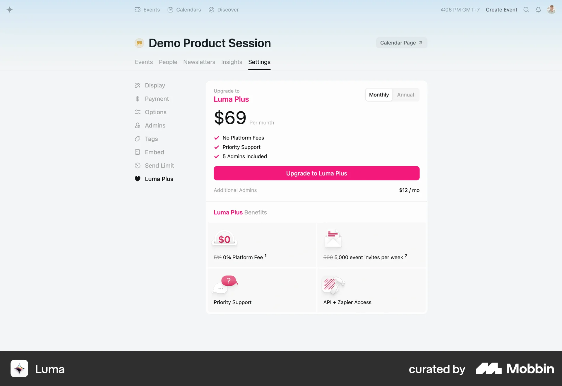 Luma Web Pricing screen