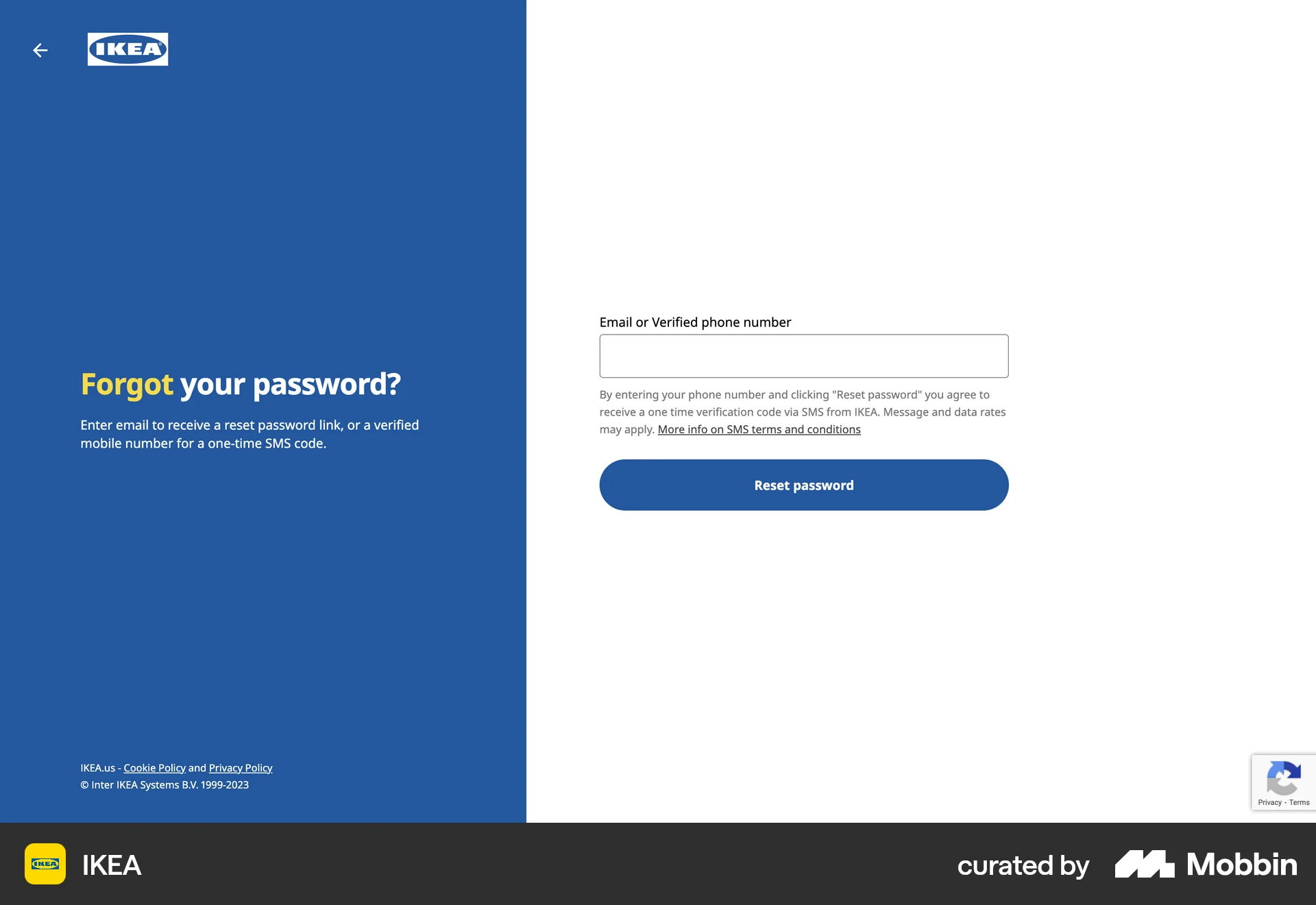 IKEA Web Forgot Password screen