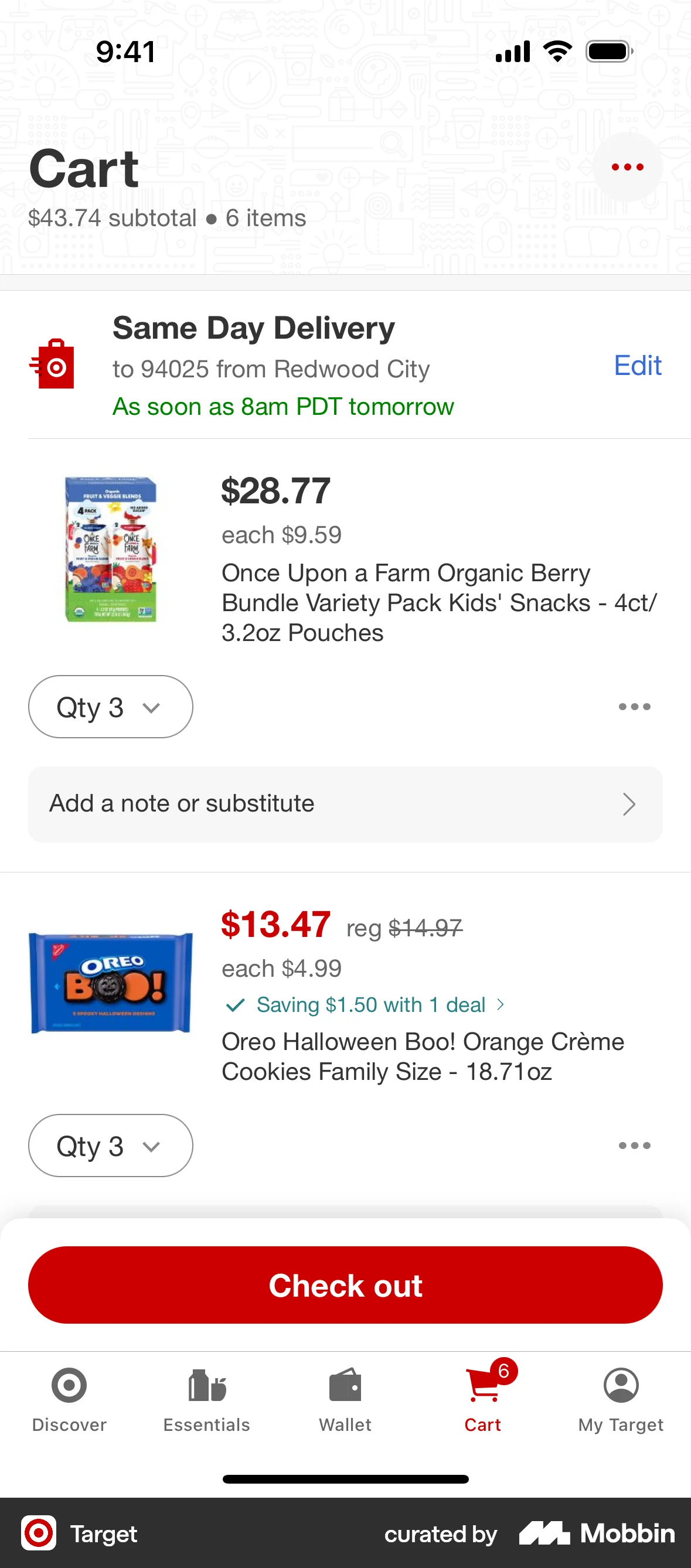 Target iOS Mobile Shopping Cart screen