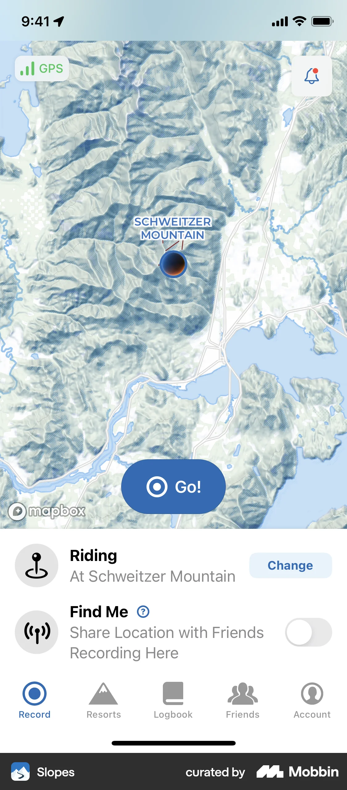 Slopes iOS screen containing Floating Action Button UI element