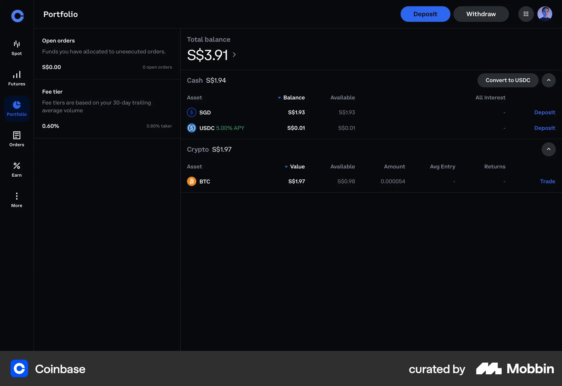 Coinbase Web Wallet & Balance screen