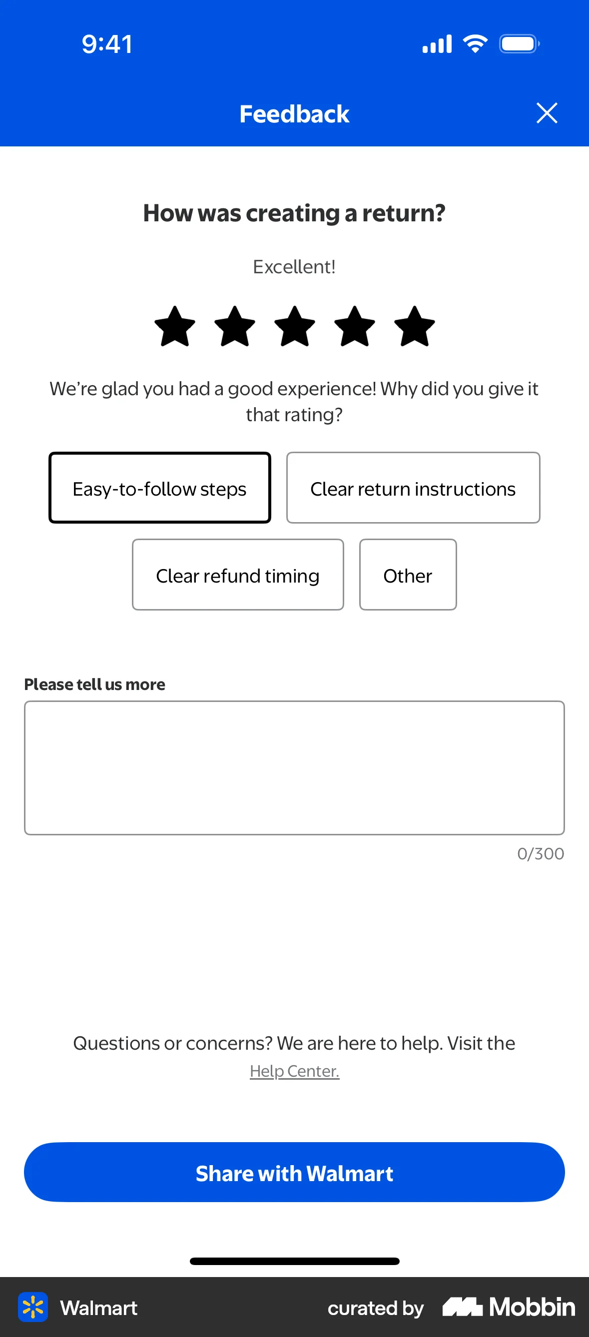 Walmart iOS Feedback screen