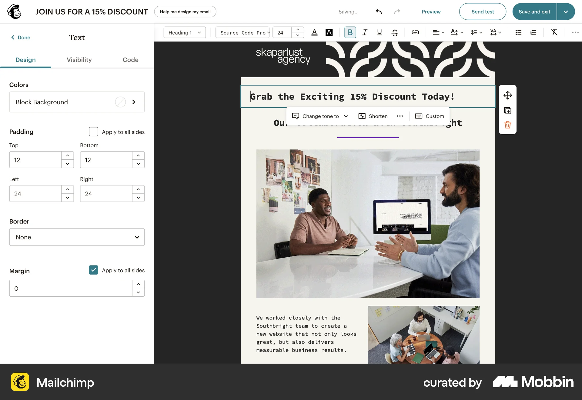 Mailchimp Web screen containing Editable Text UI element