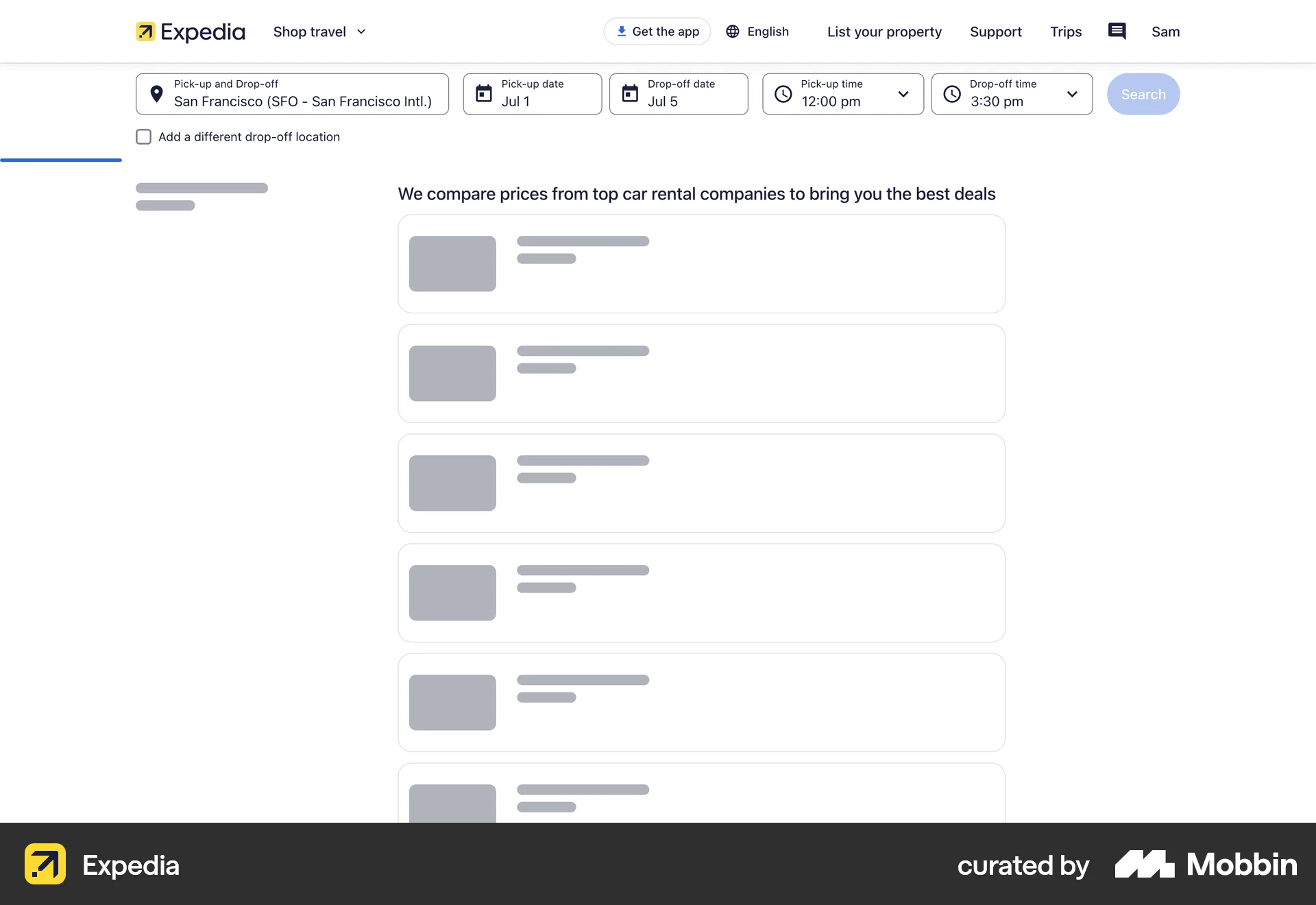 Expedia Web screen containing Skeleton UI element