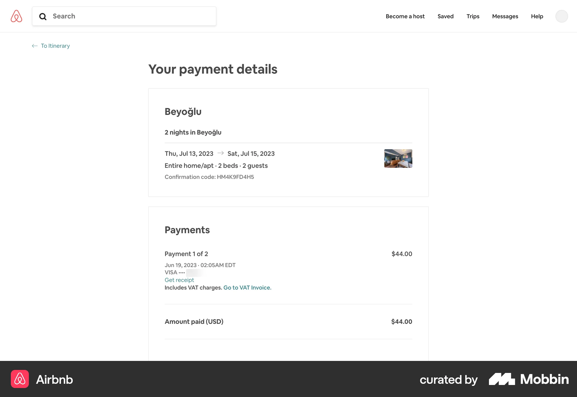 Airbnb Web Order Detail screen