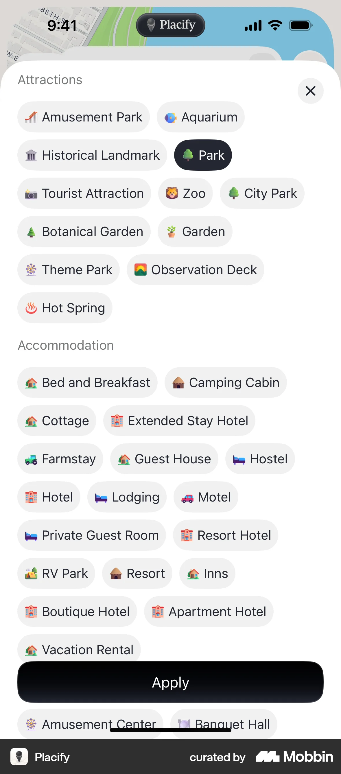 Placify iOS screen containing Floating Action Button UI element