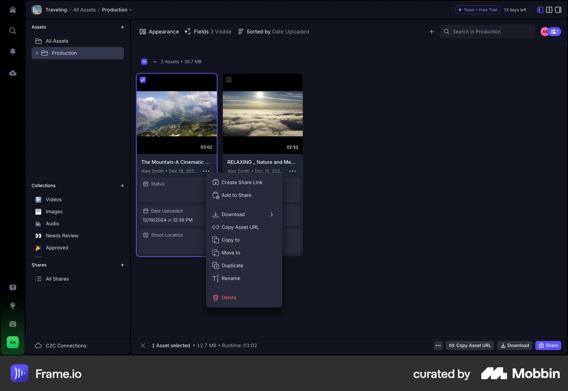 Frame.io Web screen containing Dropdown Menu UI element