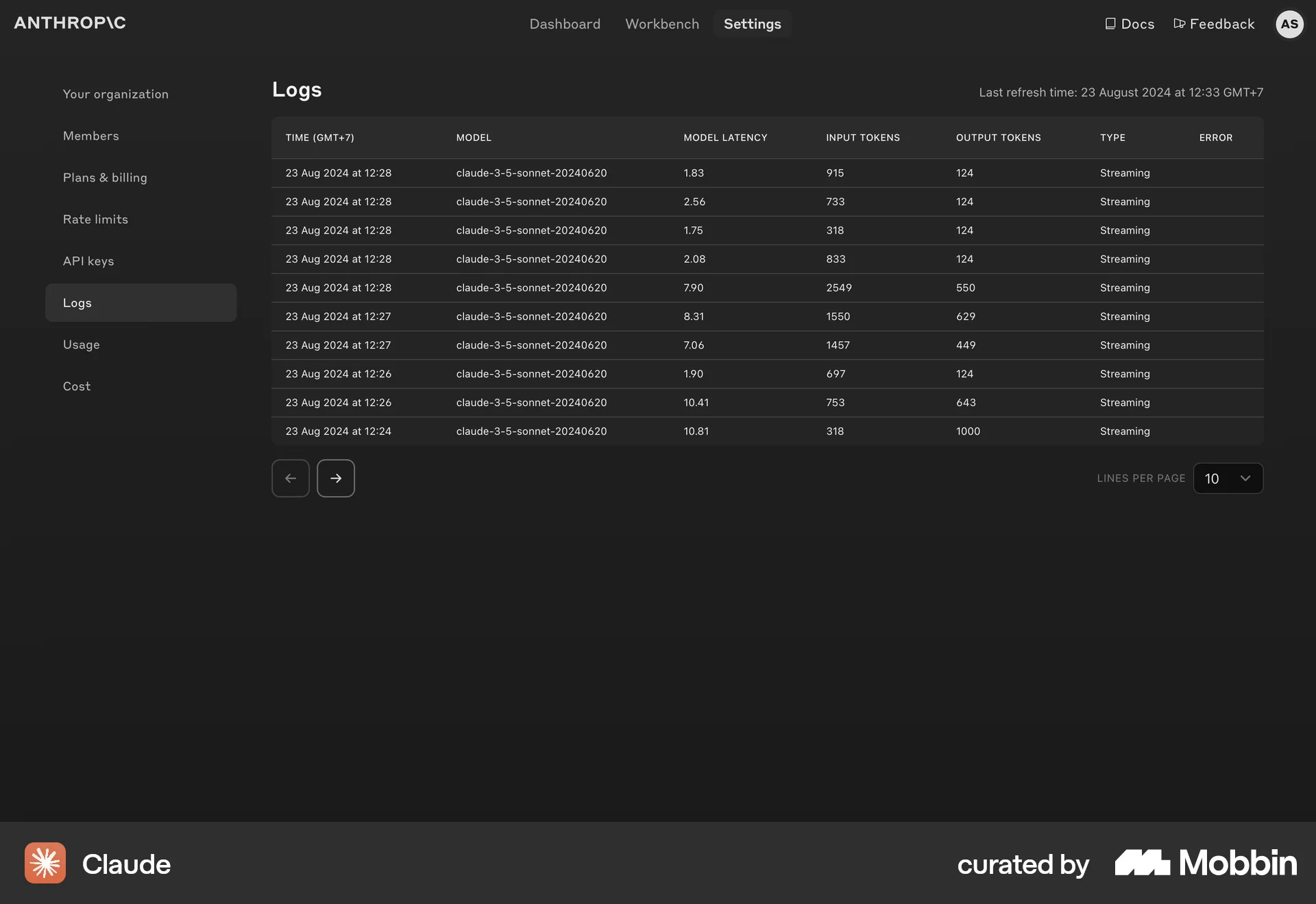 Claude Web screen containing Pagination UI element