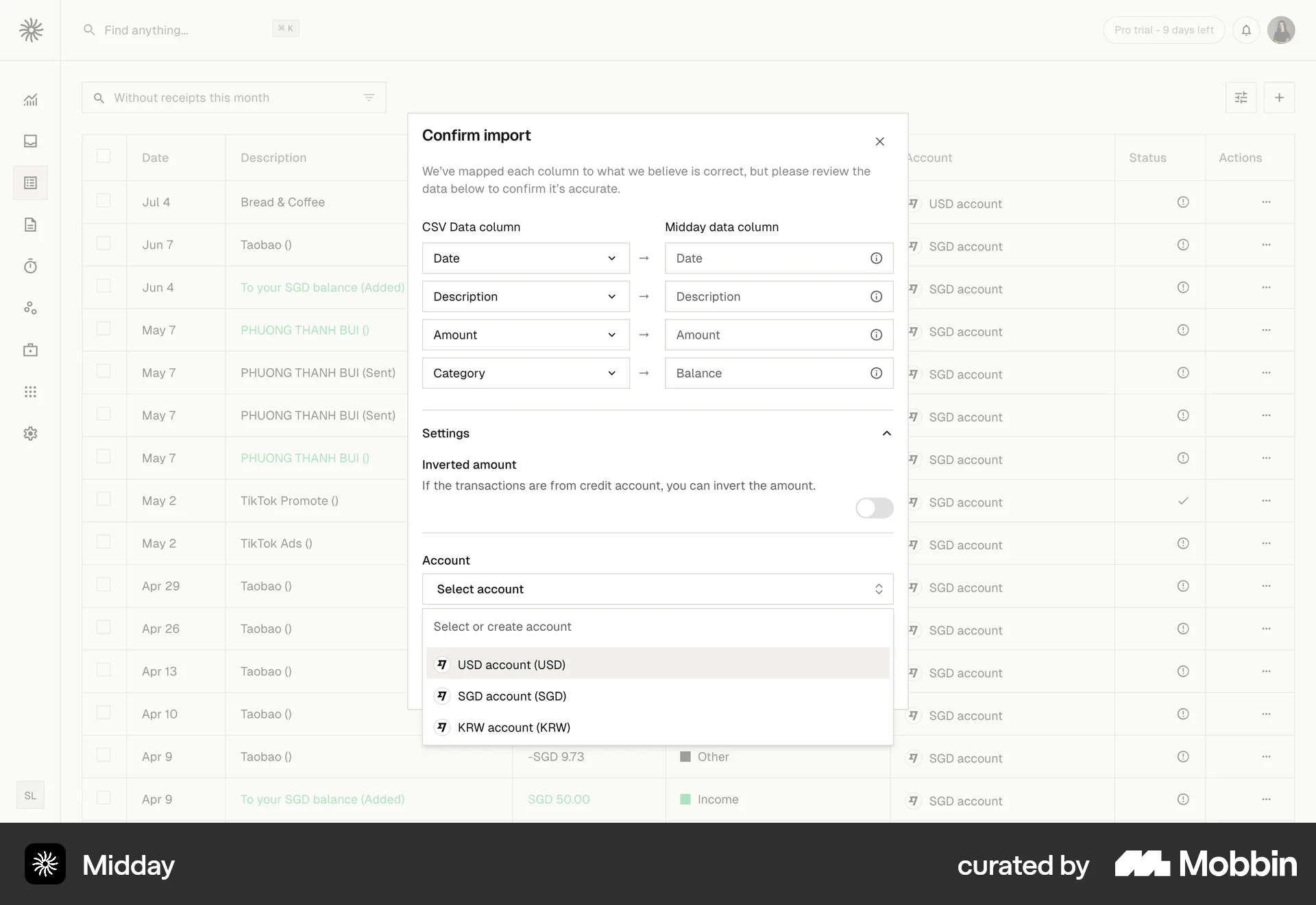 Midday Web screen containing Select UI element