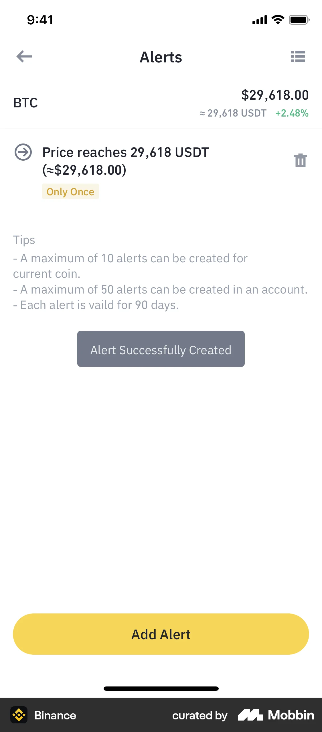Binance iOS Reminder screen