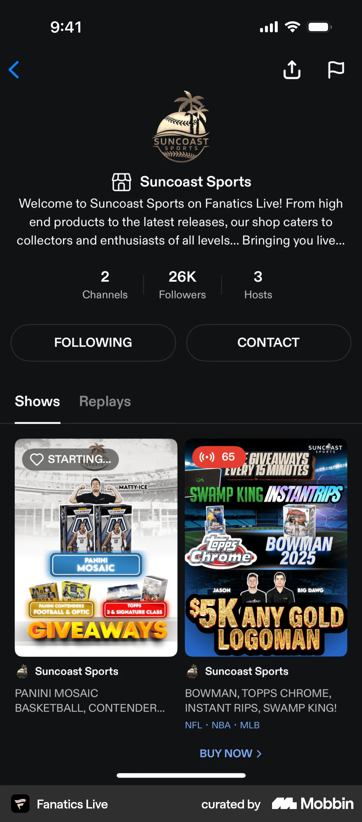 Fanatics Live iOS screen containing Divider UI element
