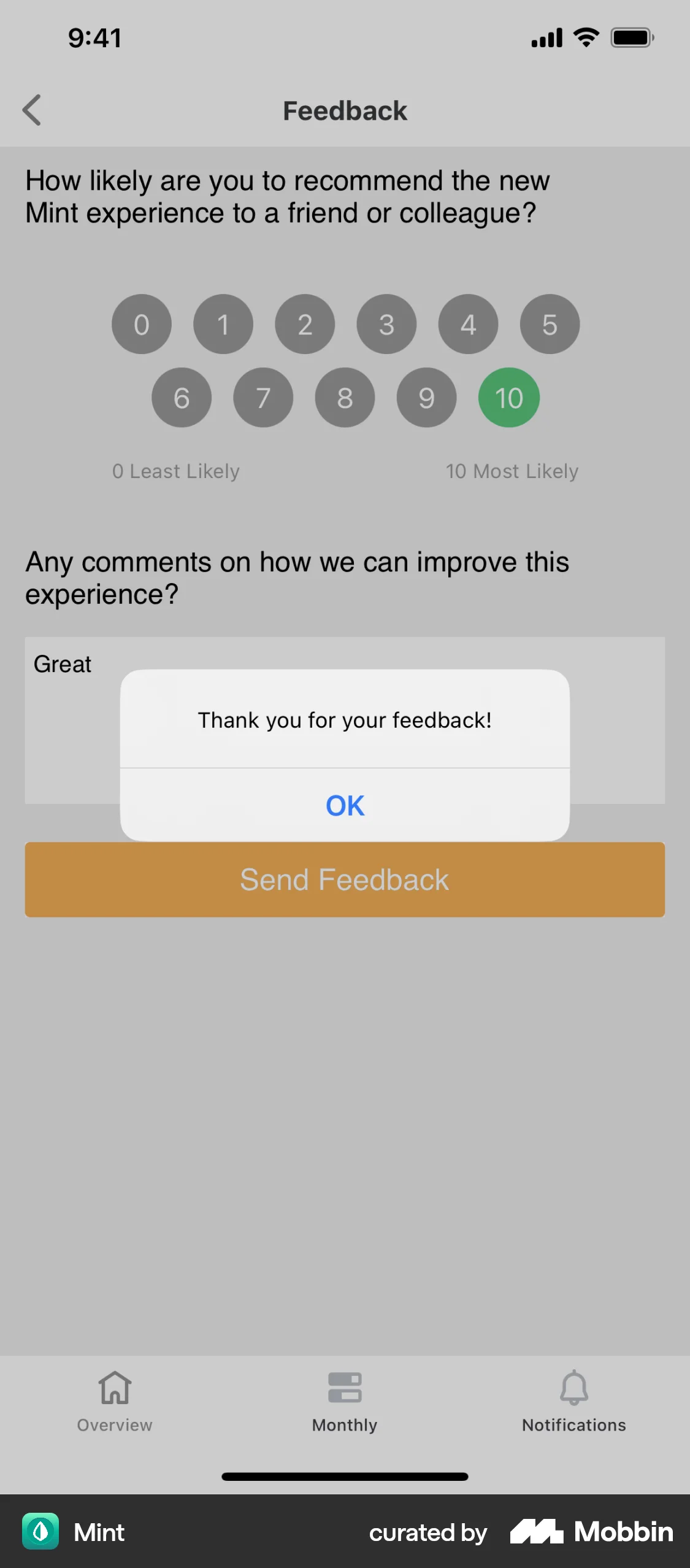 Mint iOS screen containing Dialog UI element