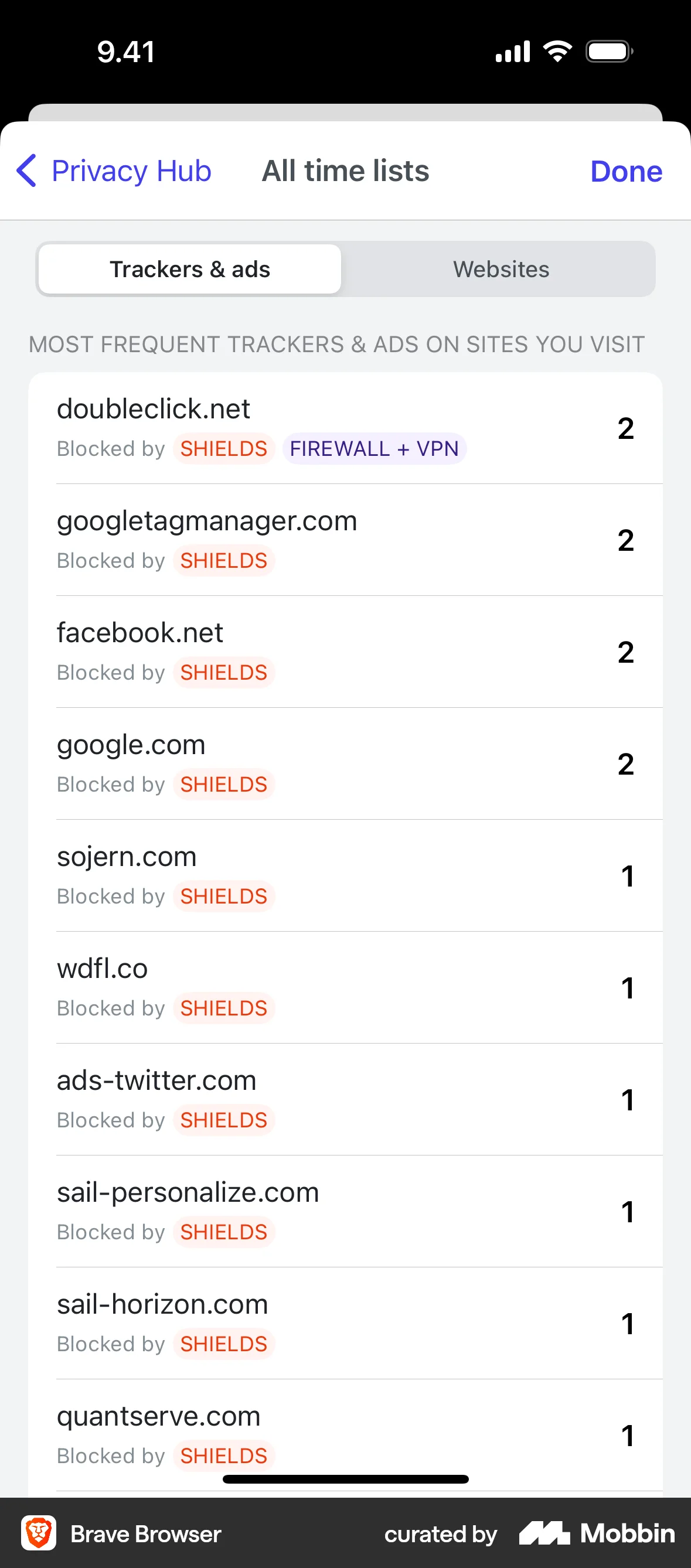 Brave Browser iOS screen containing Segmented Control UI element
